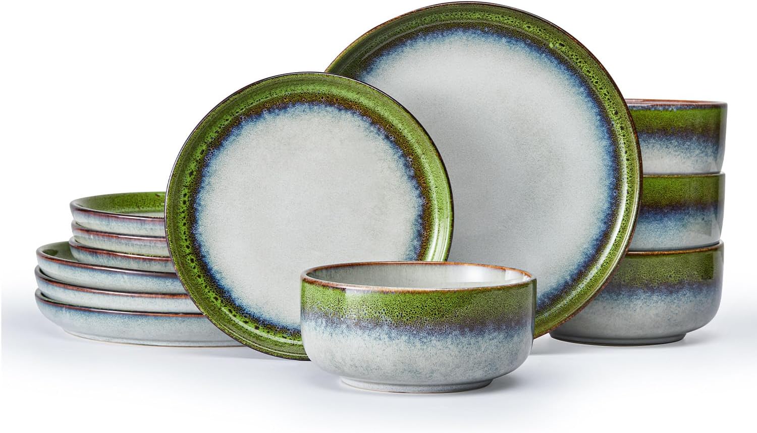 KINGSTONE Stoneware Dinnerware Sets for 4, 12-Piece Reactive Glaze Plates and Bowls Sets, Scratch-Resistant Rustic Ceramic Dish Set for Daily Party Gifts, Microwave Dishwasher Safe, Kiln-Fired Green