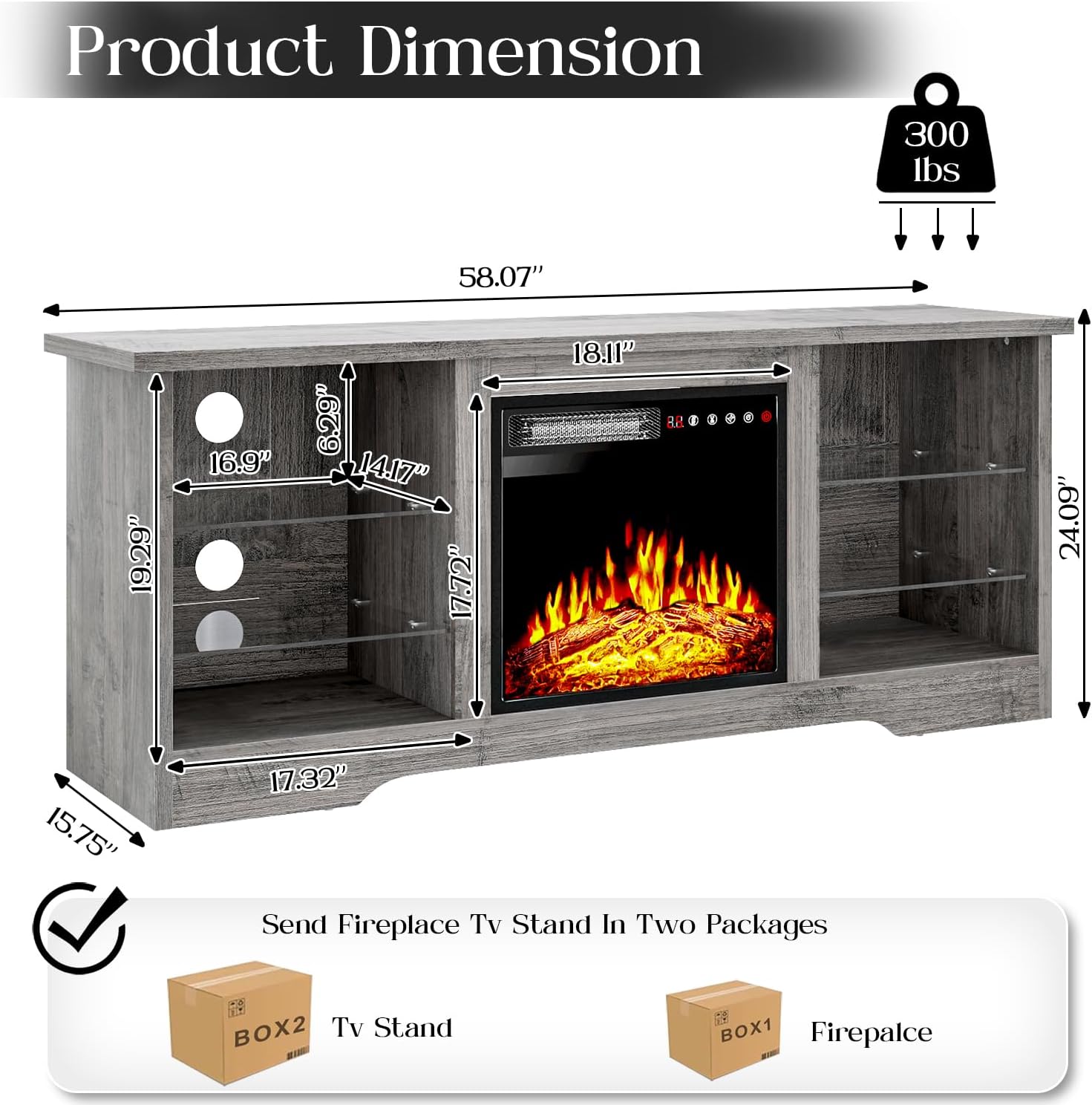 VITESSE 58 Inches Fireplace TV Stand for TVs up to 65 Inches Console with 18'' Electric Fireplace & Remote,Wooden Modern Entertainment Center for Living Room with LED Light Glass Shelves（Gray）