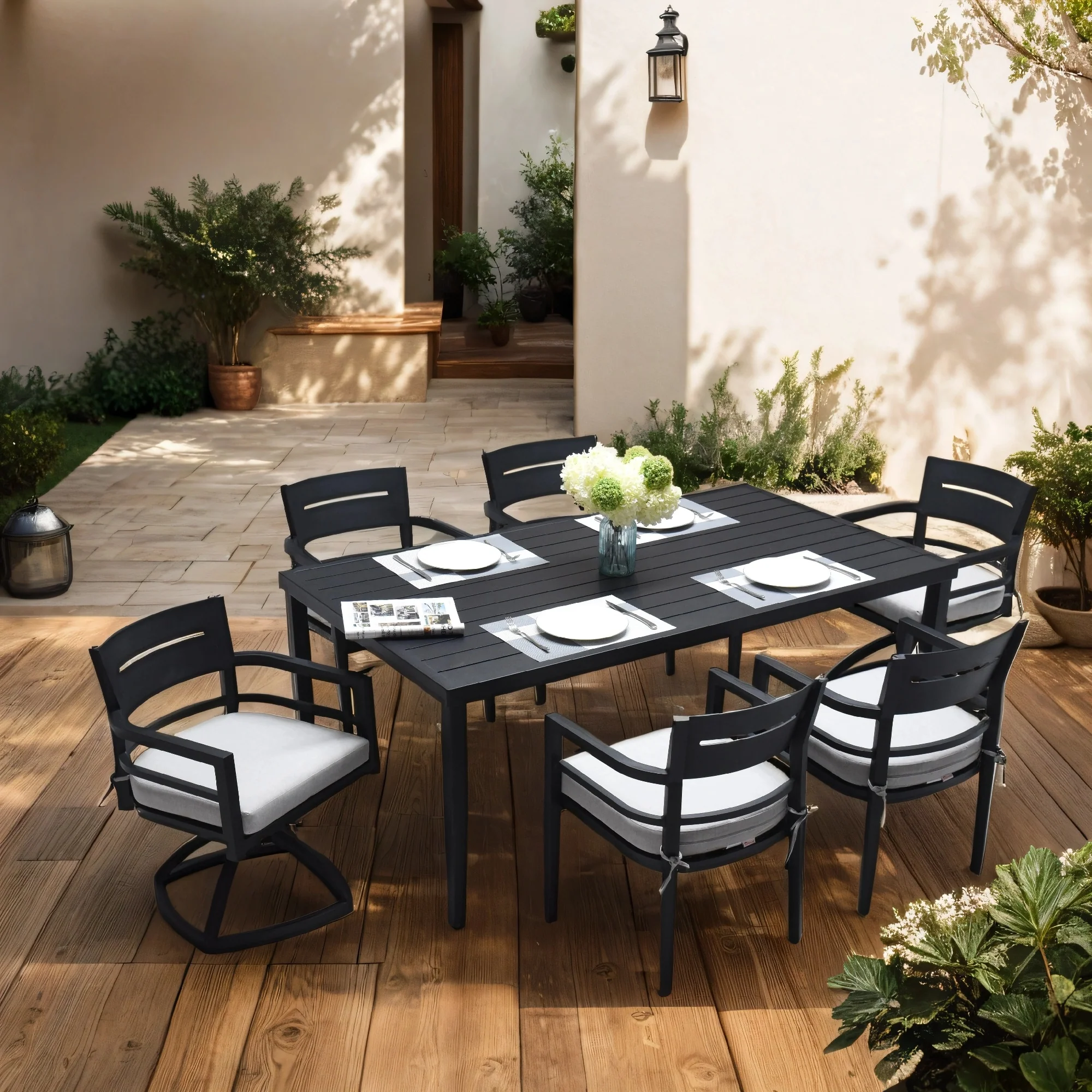 GDFStudio -Sharon Outdoor Patio Aluminum 40x70 Rectangle Dining Table with Tapered Feet & Umbrella Hole