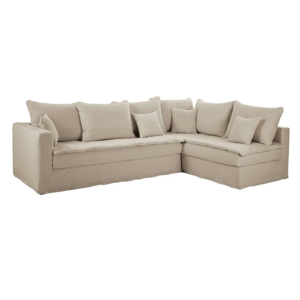Celestin - Canapé d'angle droit 5/6 places en lin supérieur beige