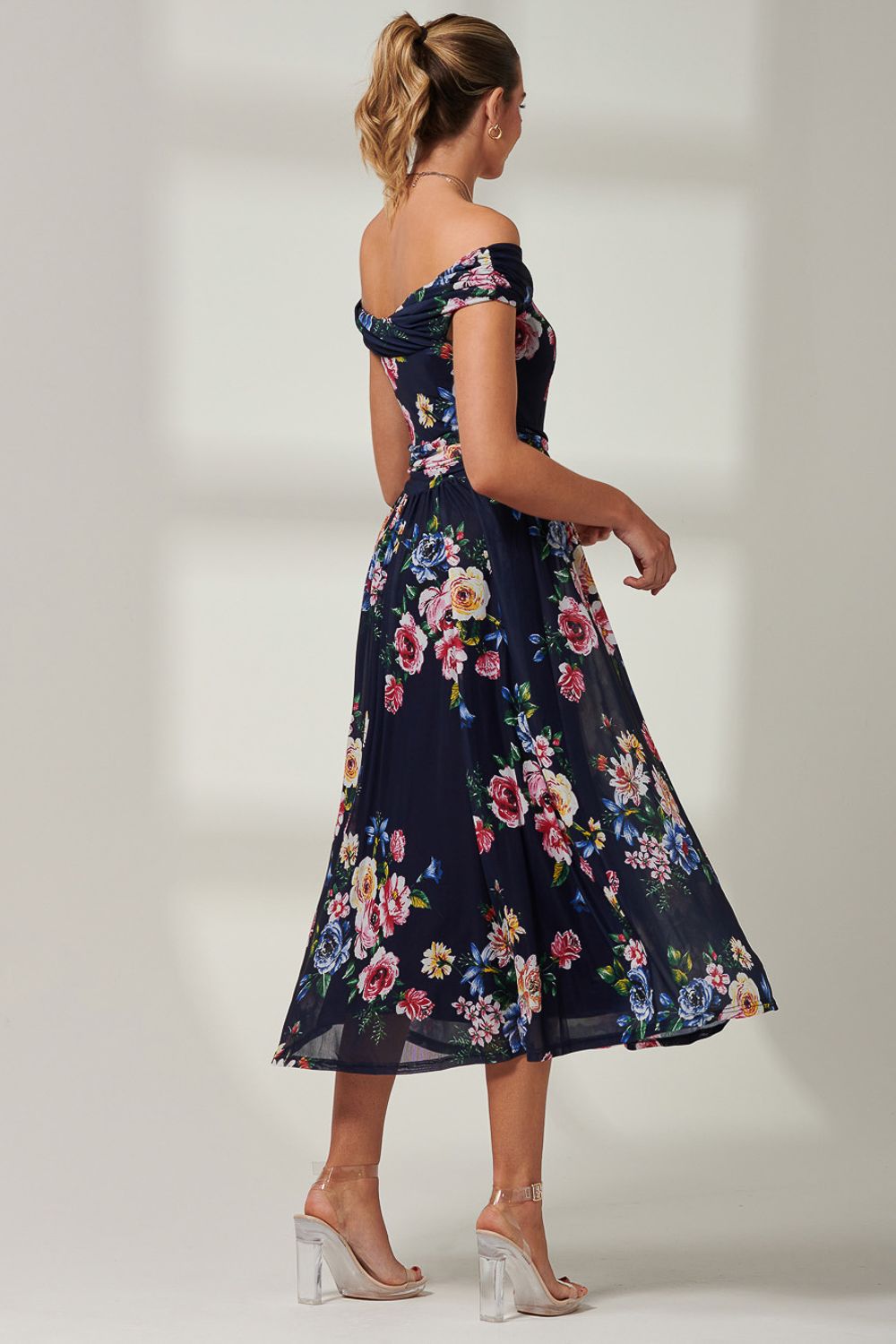 Jolie Moi Rawiya Bardot Neck Mesh Dress