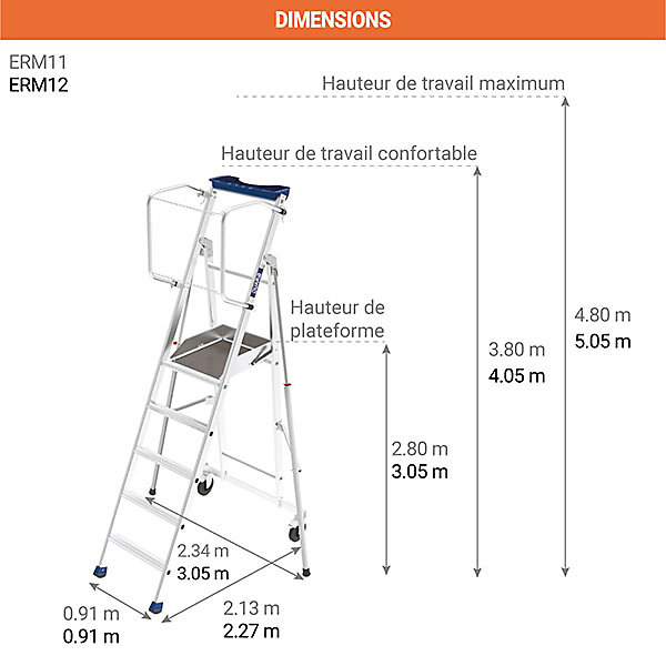 Escabeau roulant 12 marches - Hauteur max. de travail 5.05m - ERM-12