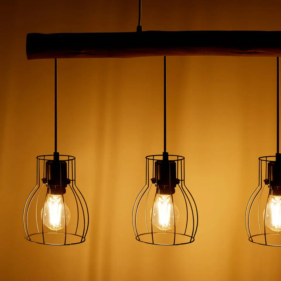 tectake Hanglamp Woody, 4-lichts, met houten balk, 40 W, Zwart/Bruin