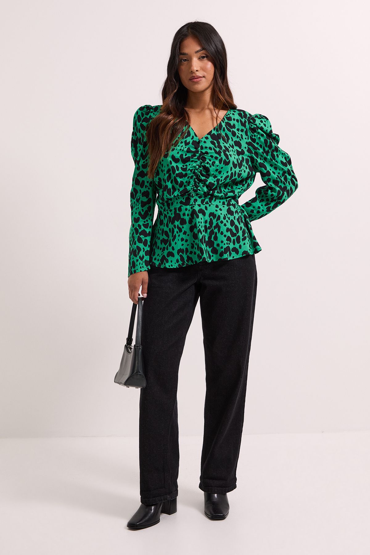 Dorothy Perkins Petite Green Animal Button Detail Printed Peplum Blouse