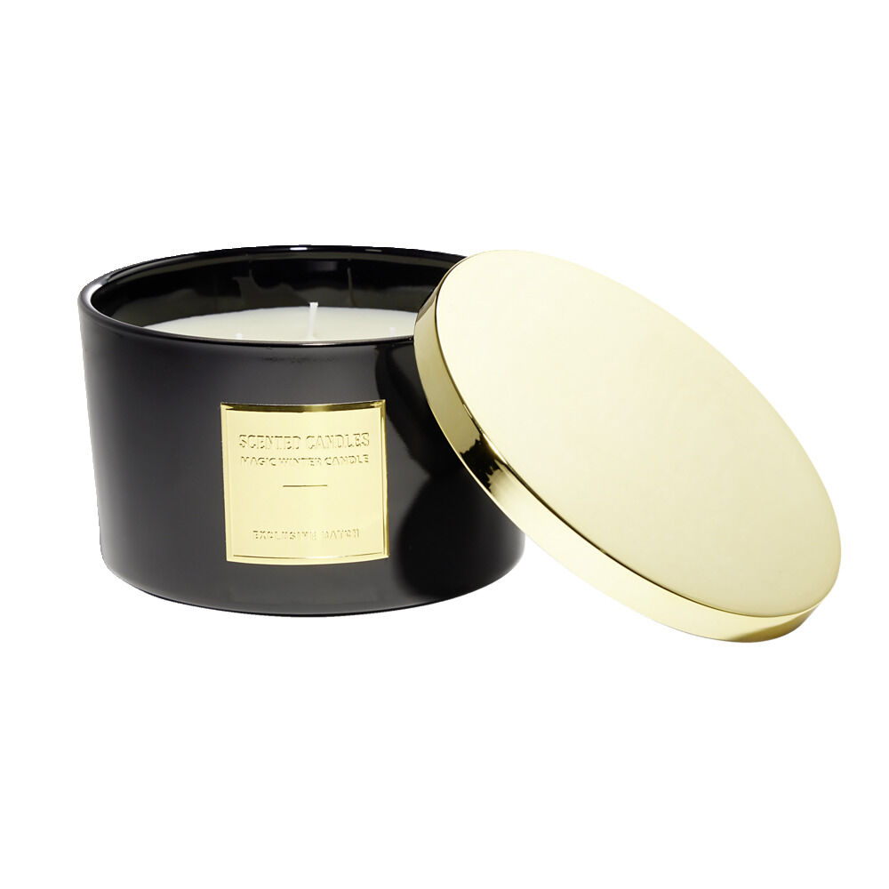 Bougie avec couvercle pot métallisé noir et doré senteur oud 30H