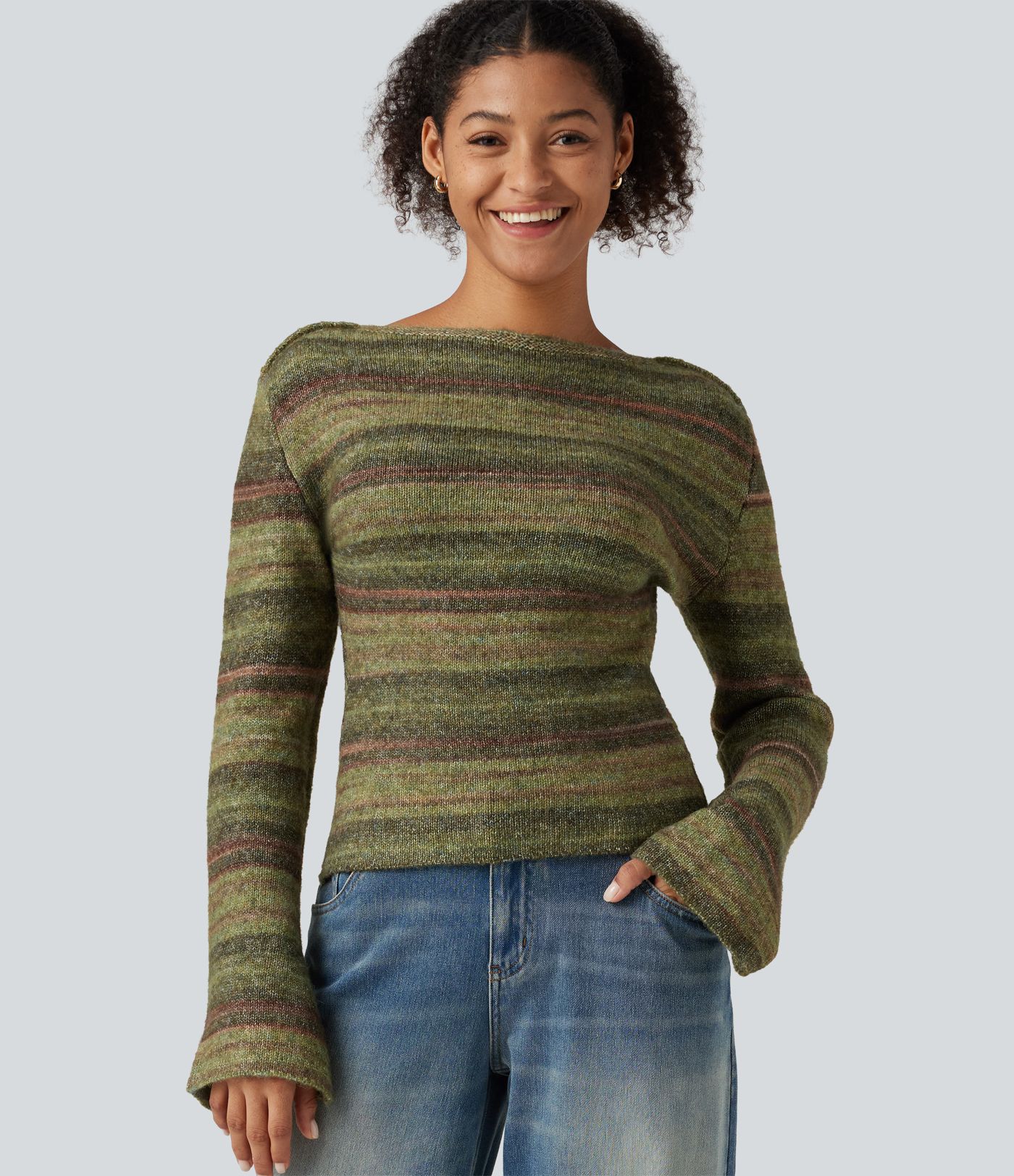 Pull oversize rayé en dégradé à encolure bateau et manches longues évasées