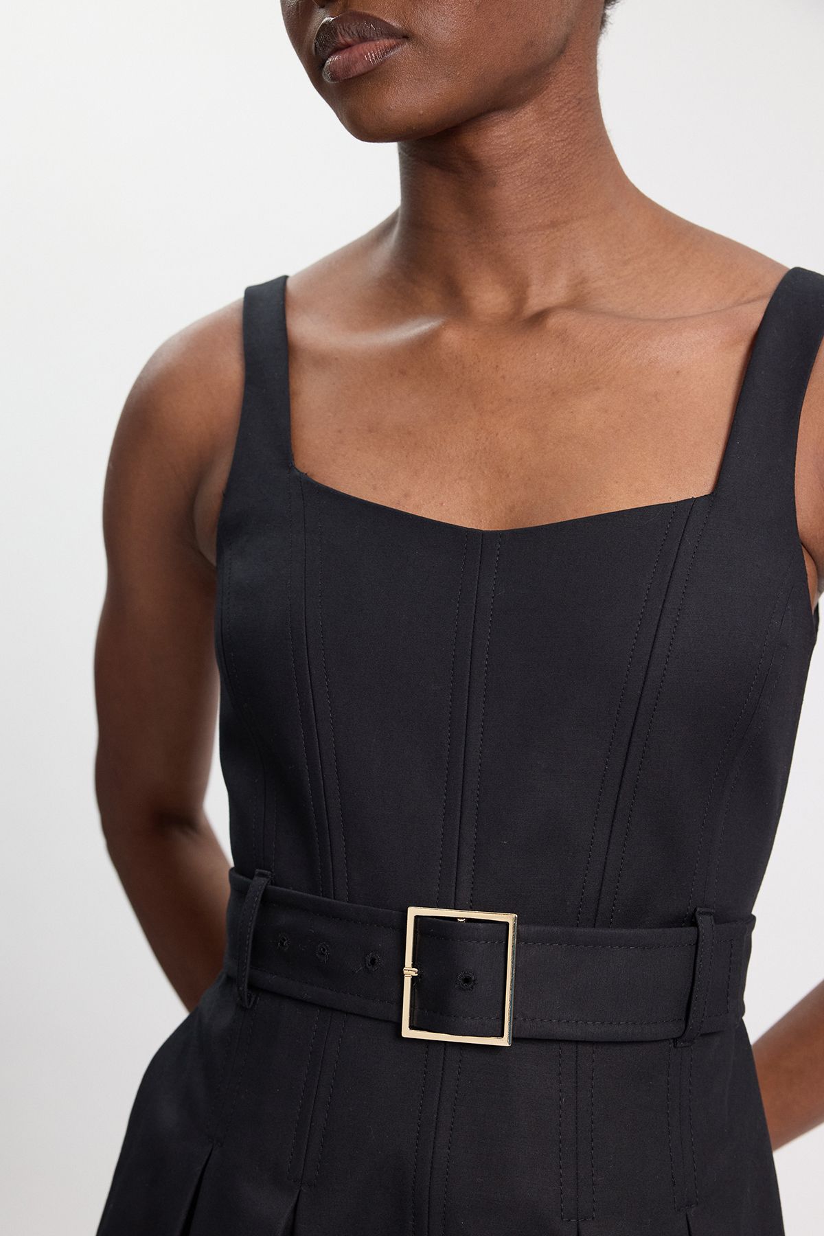 KarenMillen Petite Premium Cotton Tailored Fabric Belted Buckle Midi Dress