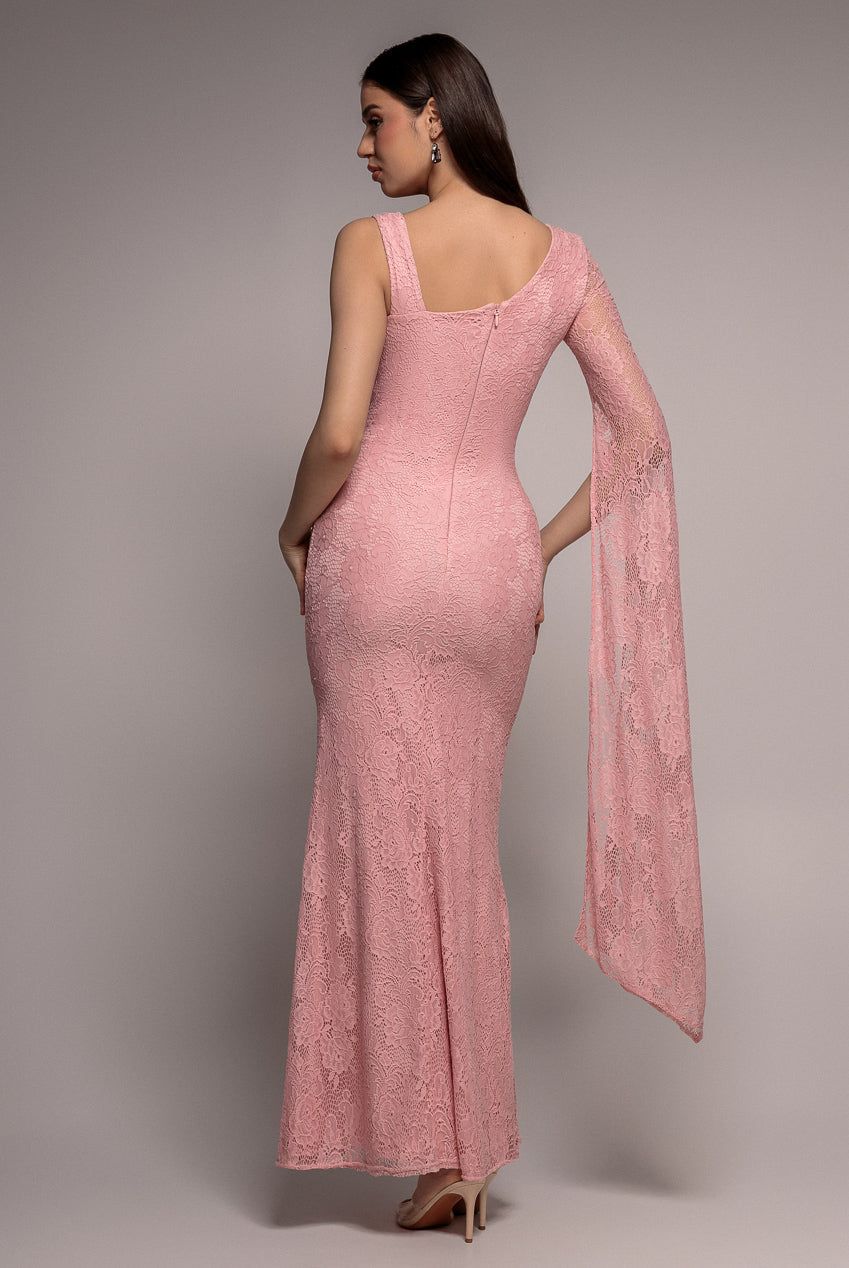 Goddiva One Shoulder Cape Sleeve Pleated Lace Maxi Dress