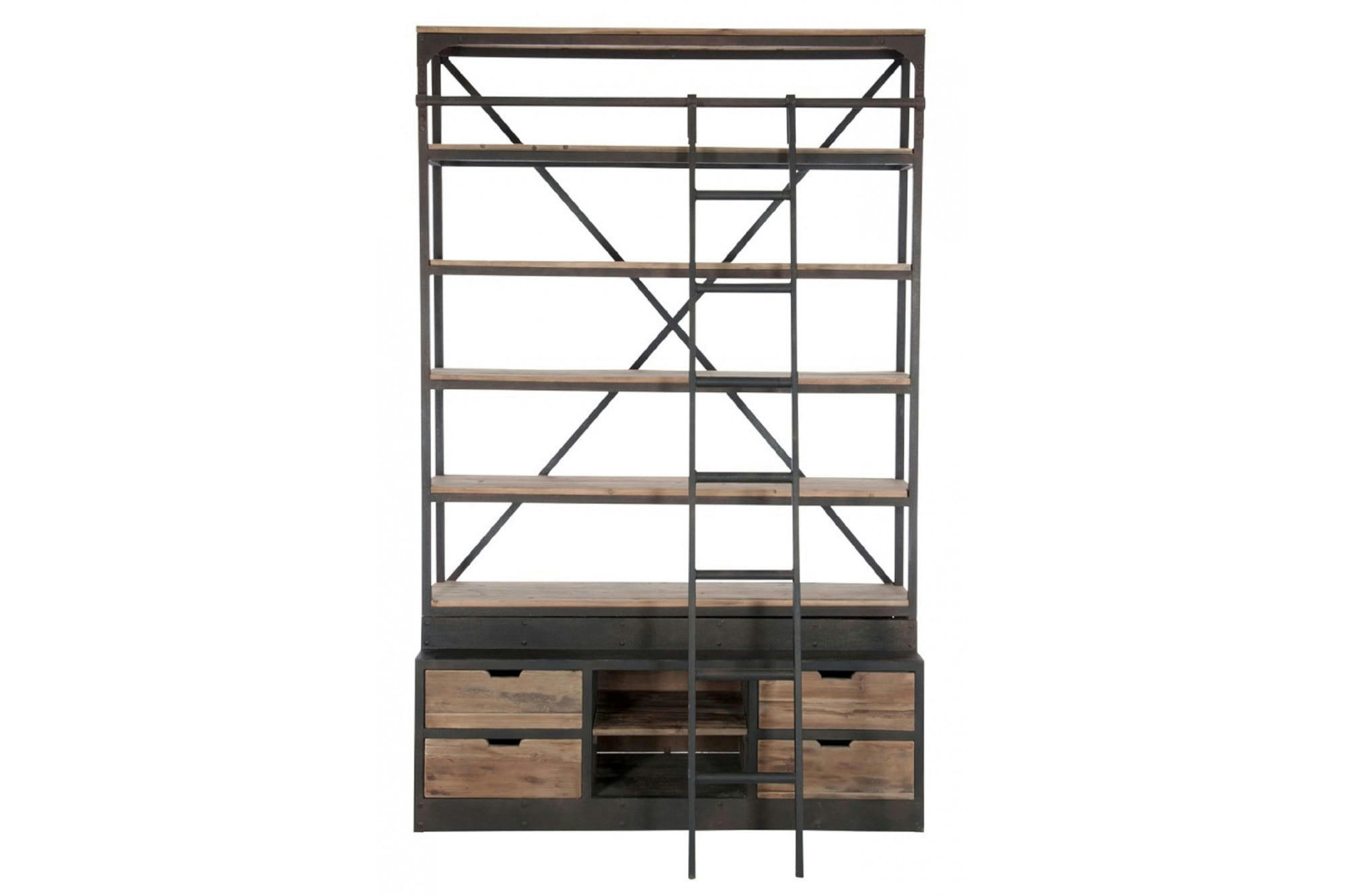 PORTO - Bibliothèque à échelle en bois et métal noir industrielle