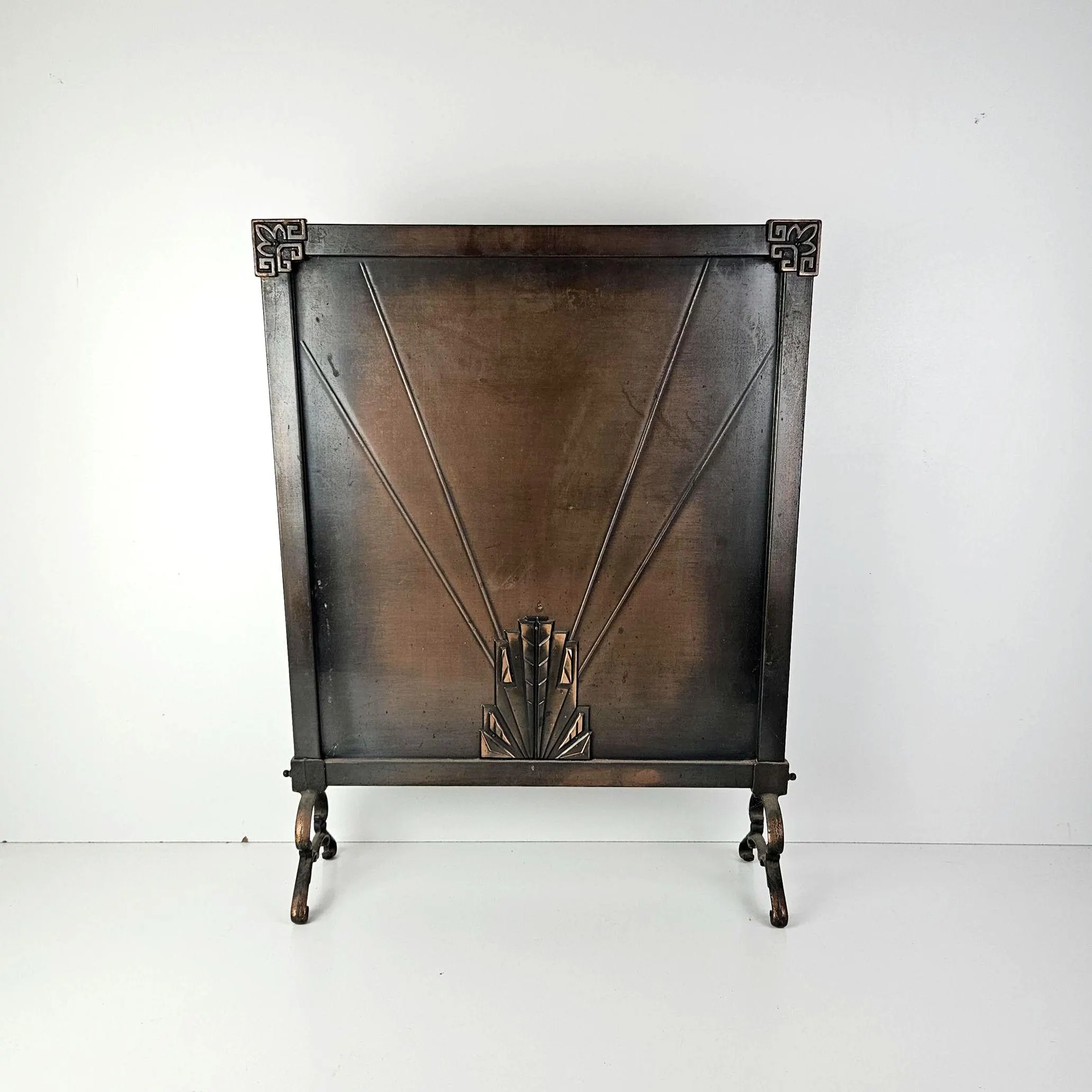 Vintage Art Deco Geometric Metal Fire Screen With Decorative Corner Elements.