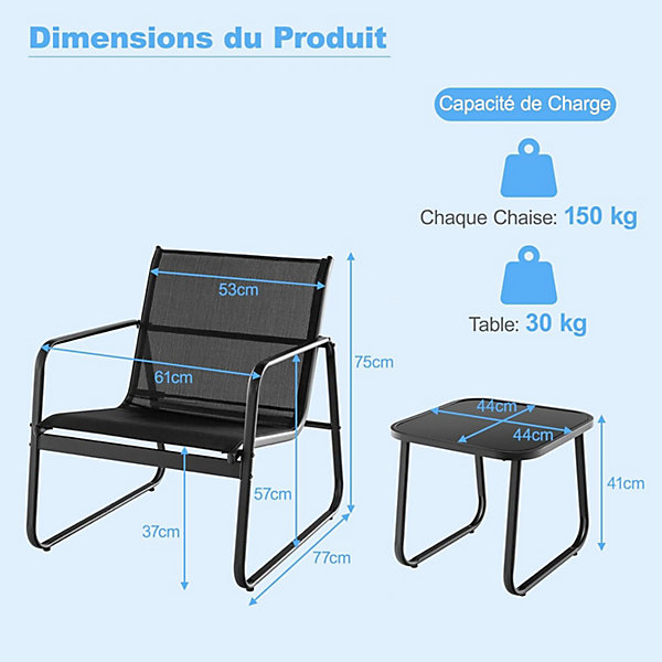 3Pcs Salon de Jardin 3 Personnes Ensemble de 2 Chaises et de Table Basse en Verre Trempé Salon de Bistrot avec Cadre Métallique