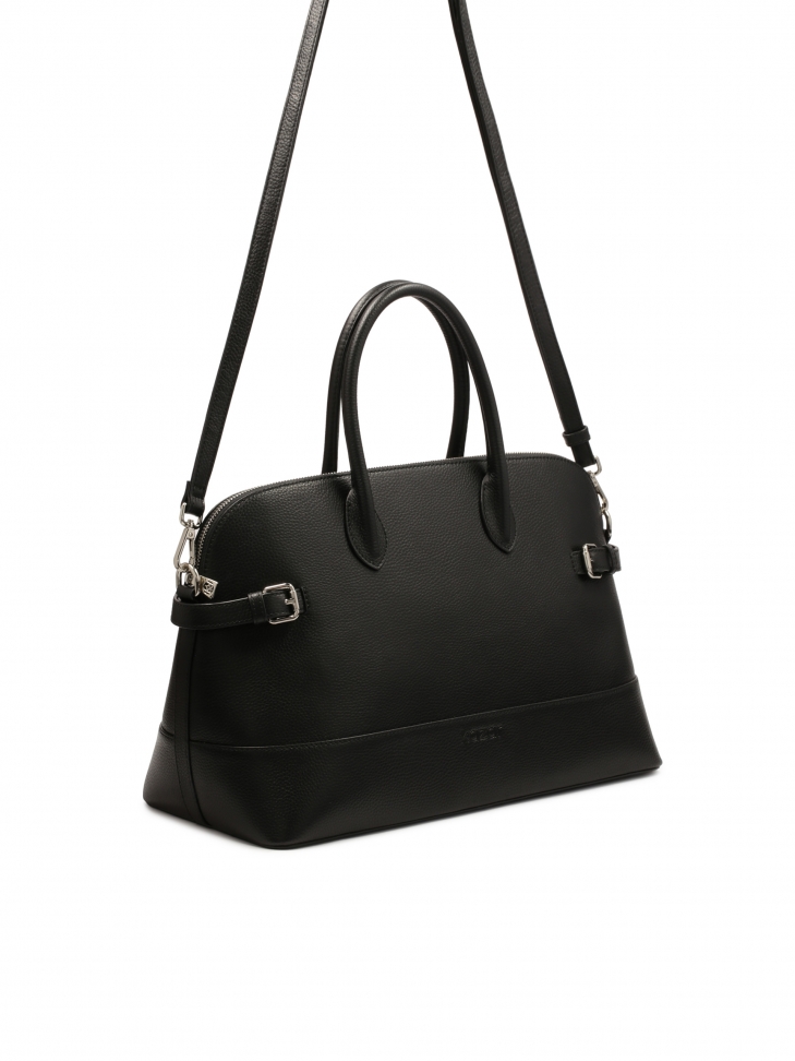 Black leather handbag with straps on the sides