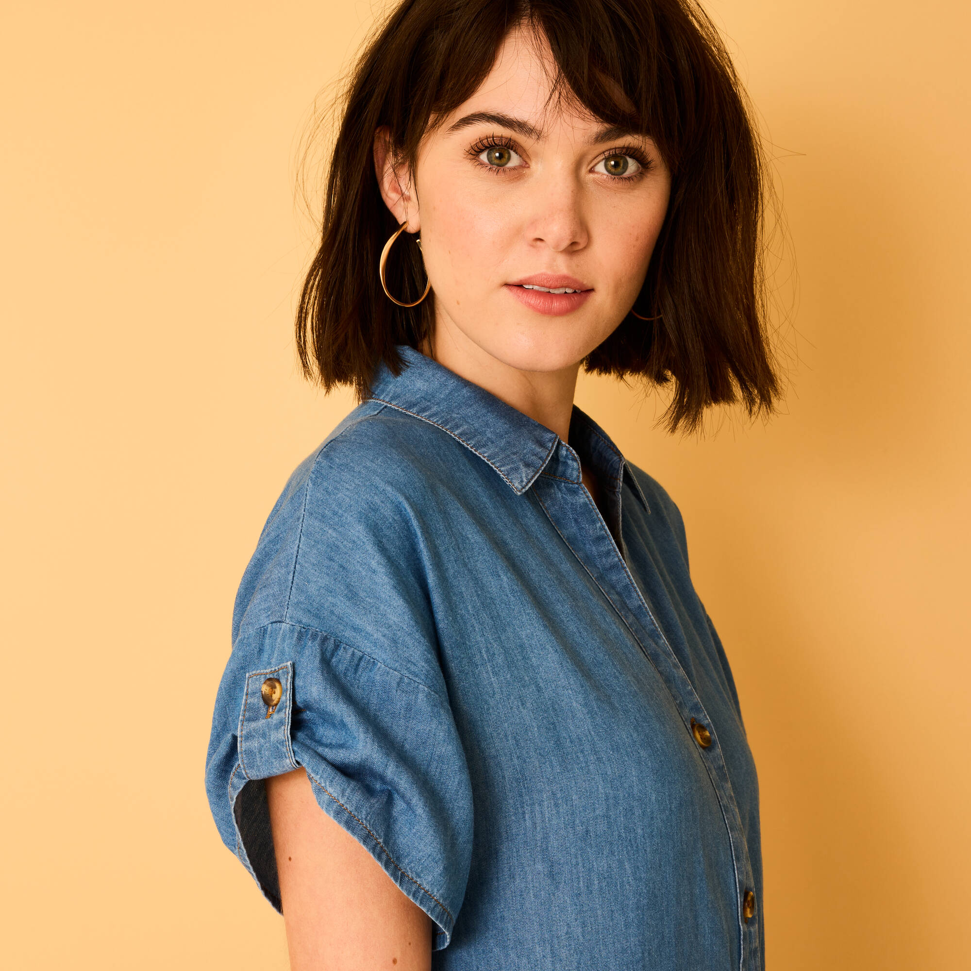 Robe-chemisier longue en jean, manches courtes