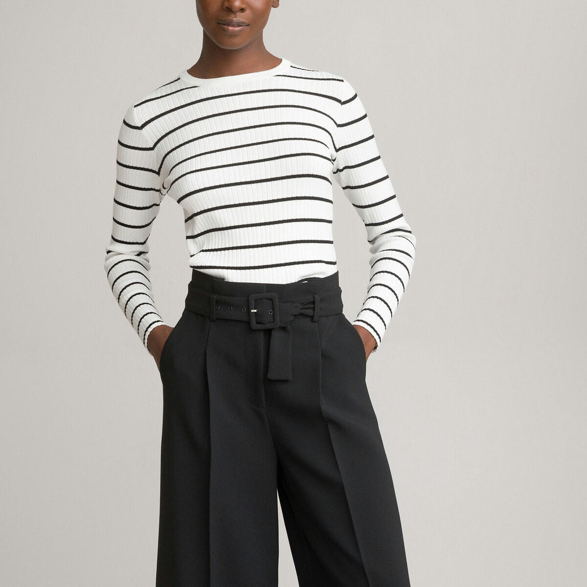 Pull col rond rayé maille viscose mélangée côtelée