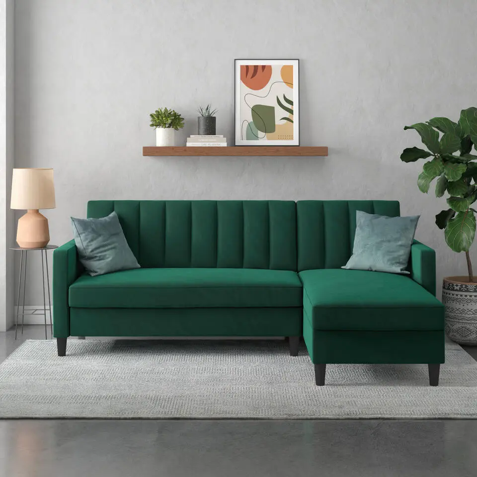 Celine - 3-zits hoekslaapbank met opbergruimte in donkergroen fluweel
