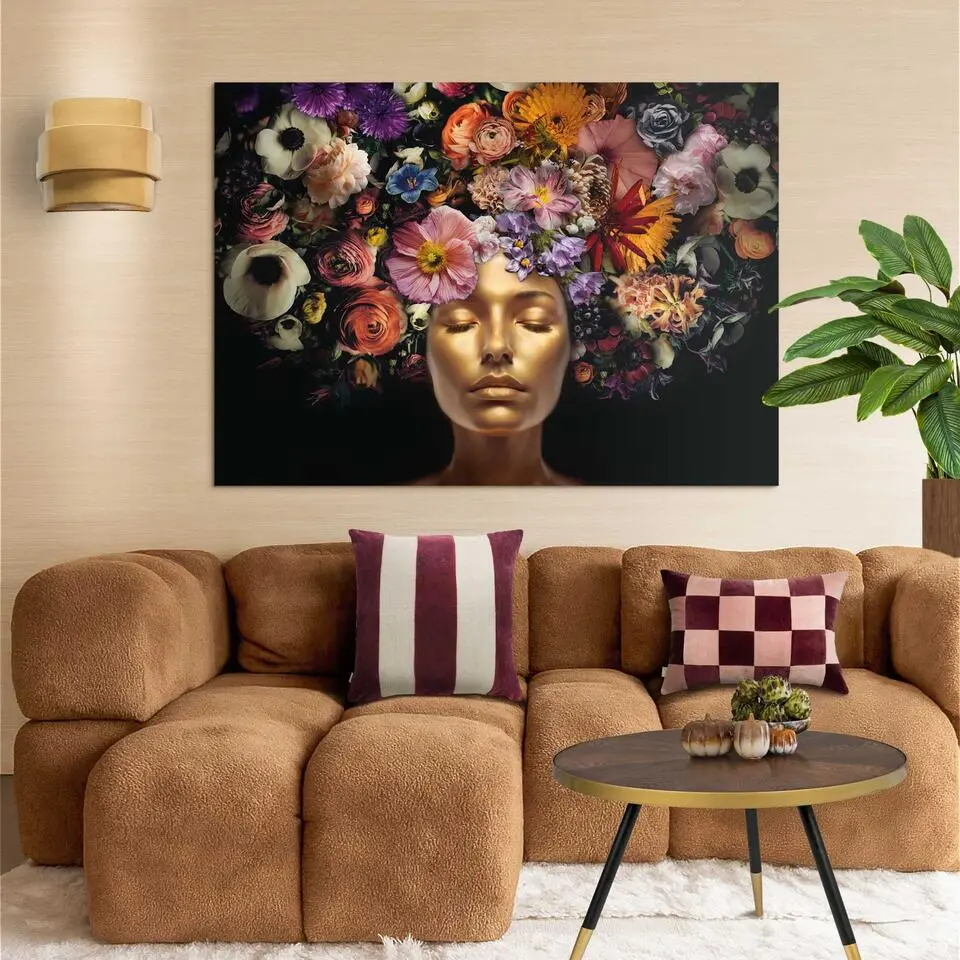 Schilderij Hoofd met bloementooi - 100 x 140 - Bont