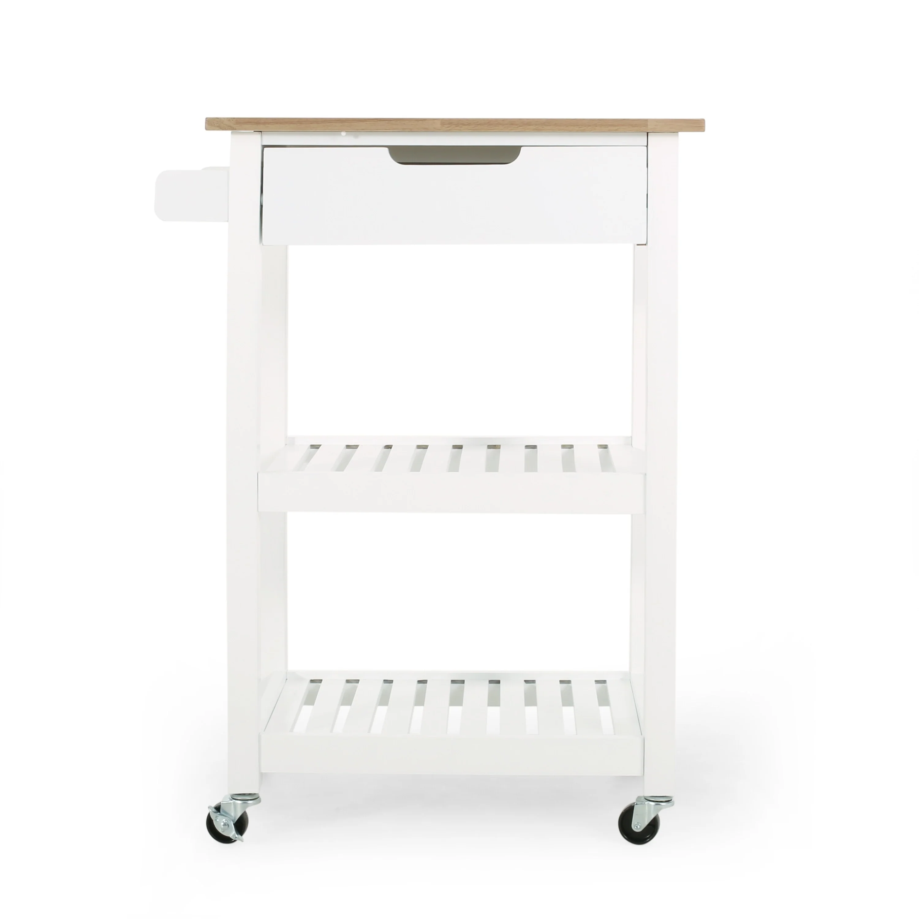 Contemporary Multifunctional Kitchen Cart with Rubberwood Top, Open Slat Shelving, Rolling Casters, Drawer and Towel Holder