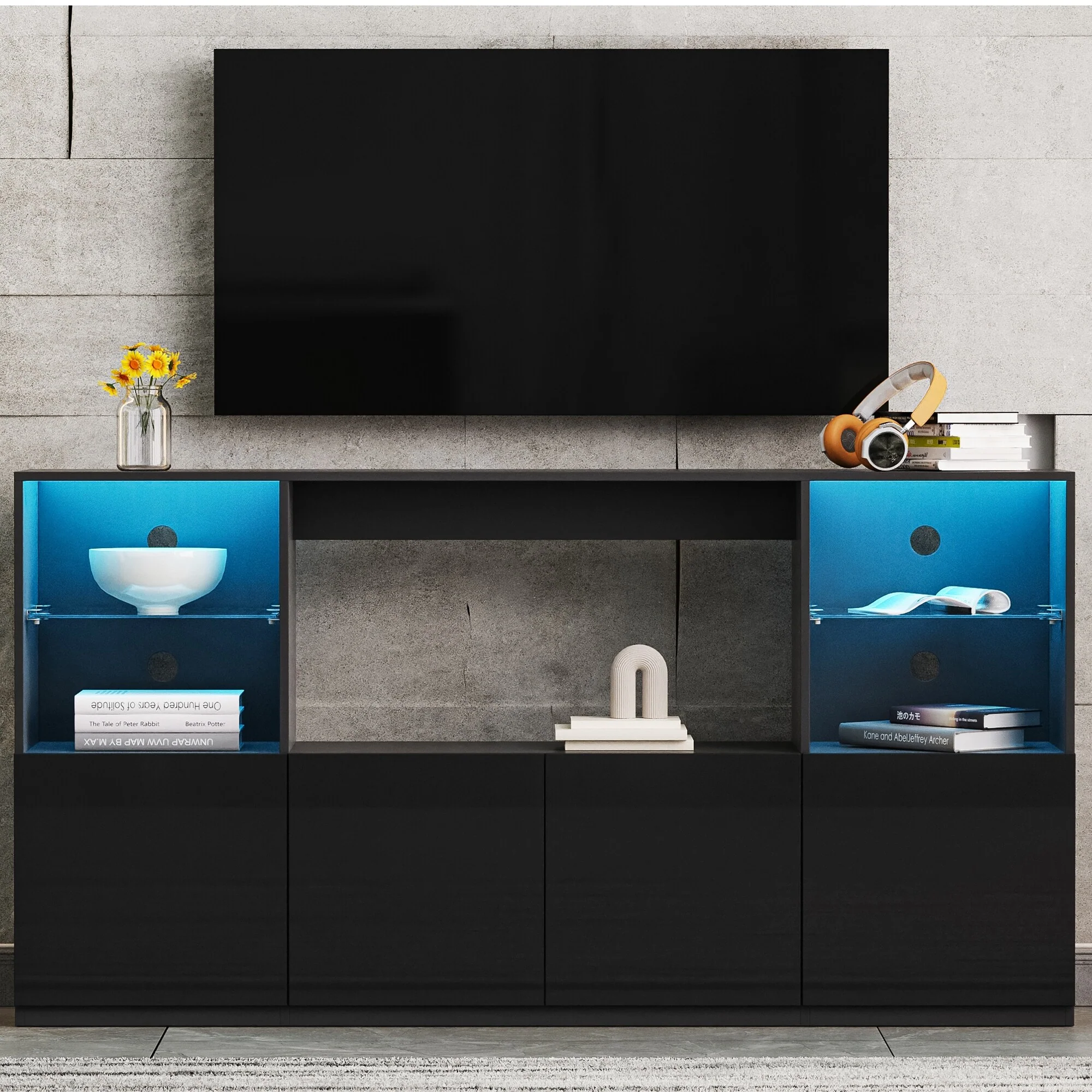 Black 67 TV Stand with LED, Large Cabinet & Tempered Glass Shelves for TVs Up to 75