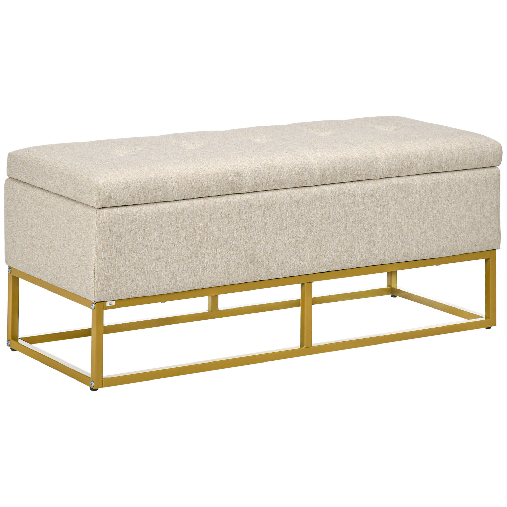 - Banquette coffre de rangement acier doré assise capitonnée tissu beige