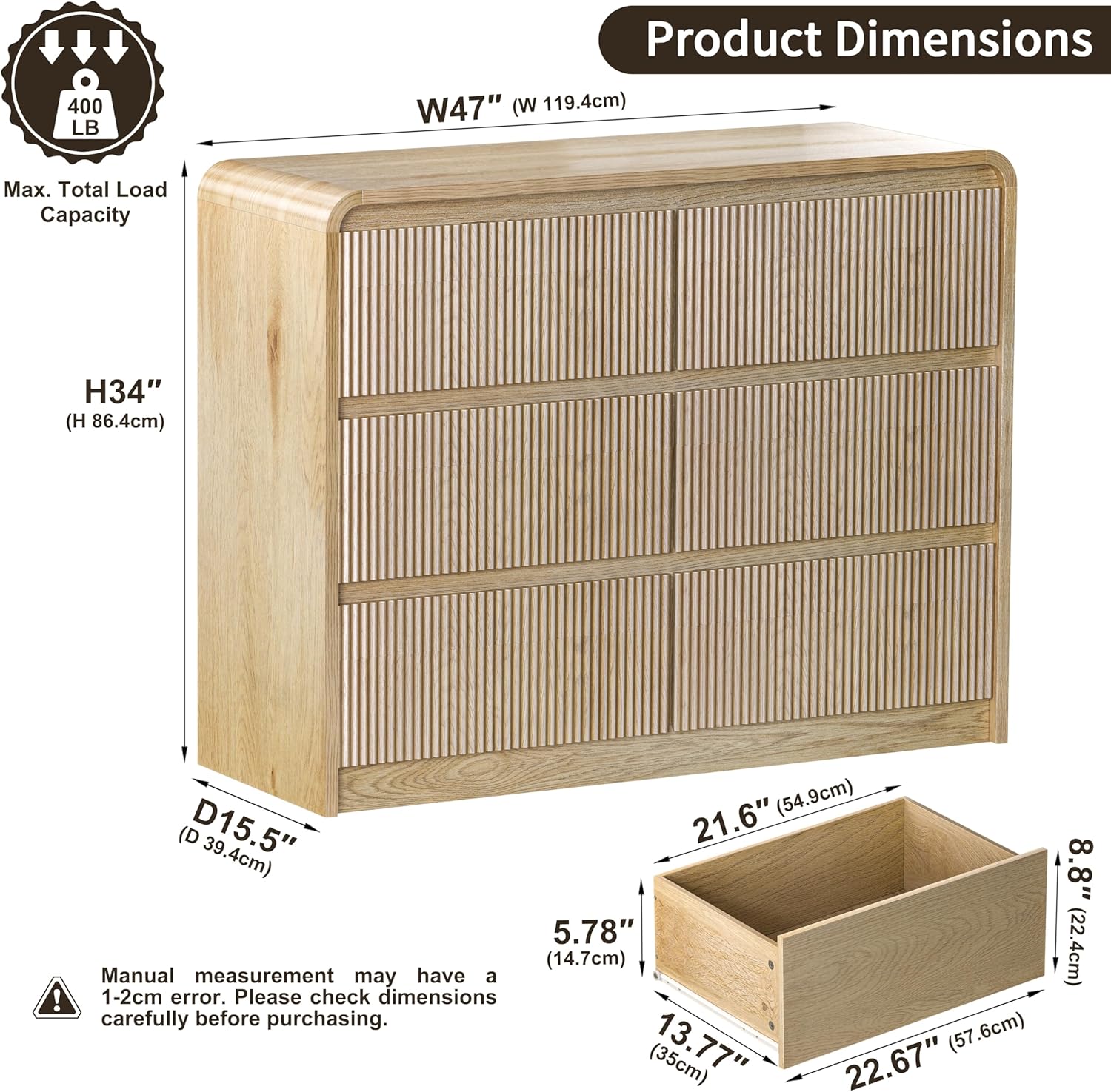 6 Drawer Dresser for Bedroom, Natural Wood Chest of Drawers Wide Versatile Storage Organizer with Fluted Panel for Living Room, Office, hallways, Kitchen Natural 6 Drawer