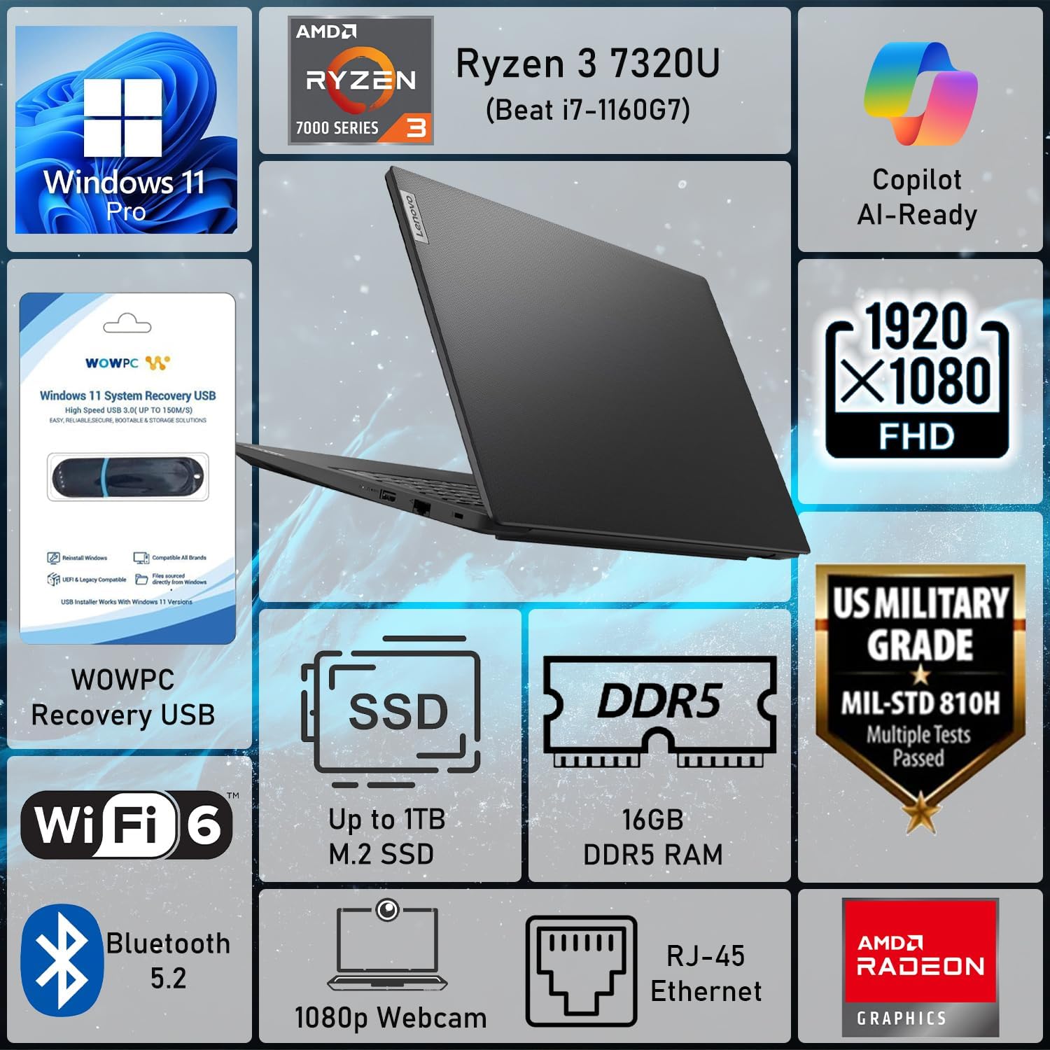 Lenovo V15 Business Laptop 2026 Edition  AMD Ryzen 3 7000-Series(Beat i7-1065G7)  15.6 FHD Display  16GB DDR5 RAM  256GB NVMe SSD  Wi-Fi 6  RJ-45  Dolby Audio  Windows 11 Pro  WOWPC USB  no Mouse