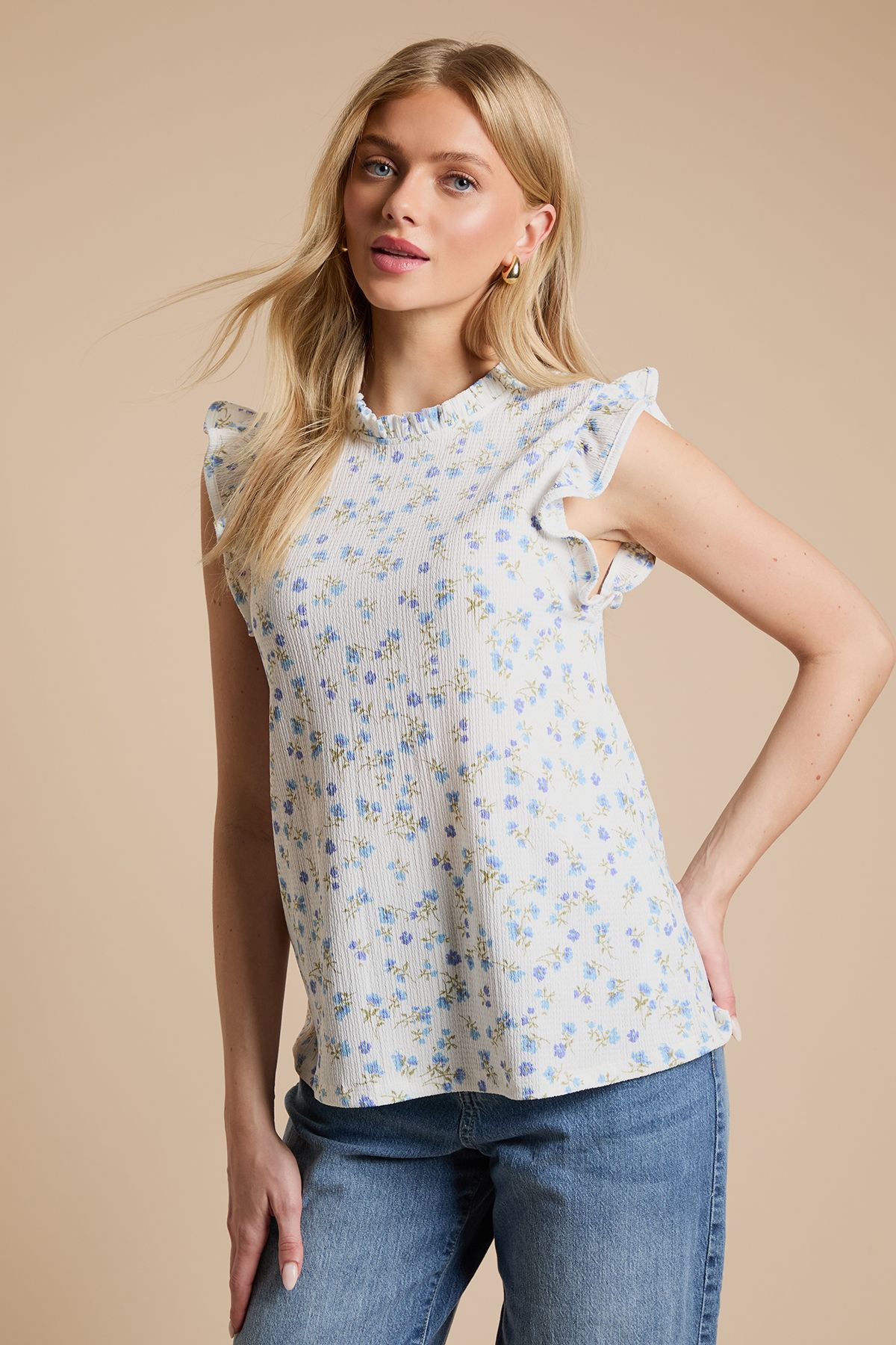 Dorothy Perkins Cream Ditsy Frill Yoke Printed Jersey Shell Top