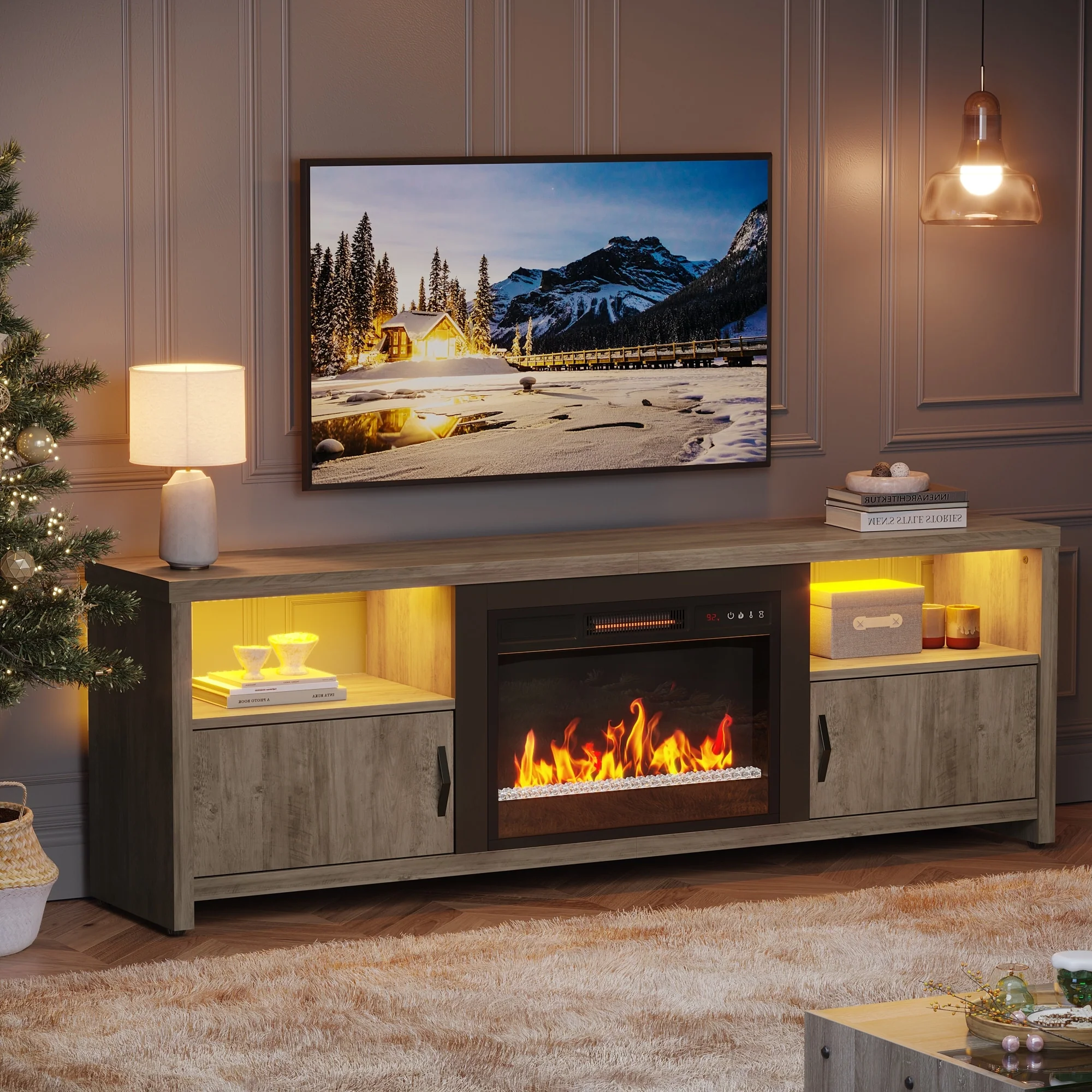 70 TV Stand for 75 TVs with LED Fireplace Light and Cabinet - 71 inches