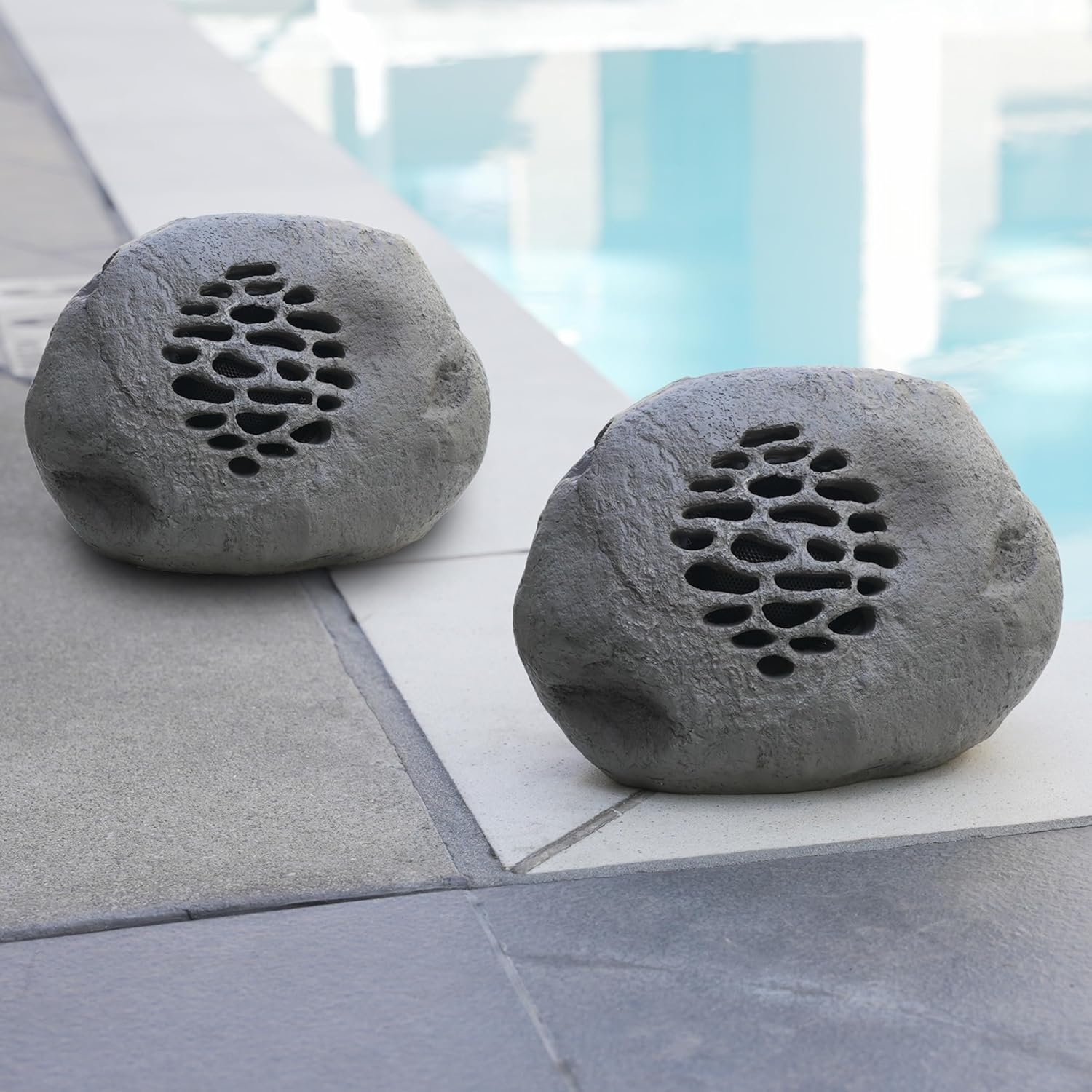 Alpine Corporation 9 Tall Solar Bluetooth Rock Speaker, Weather-Resistant High Fidelity Outdoor Audio System with 50 Foot Range, Gray, Set of 2