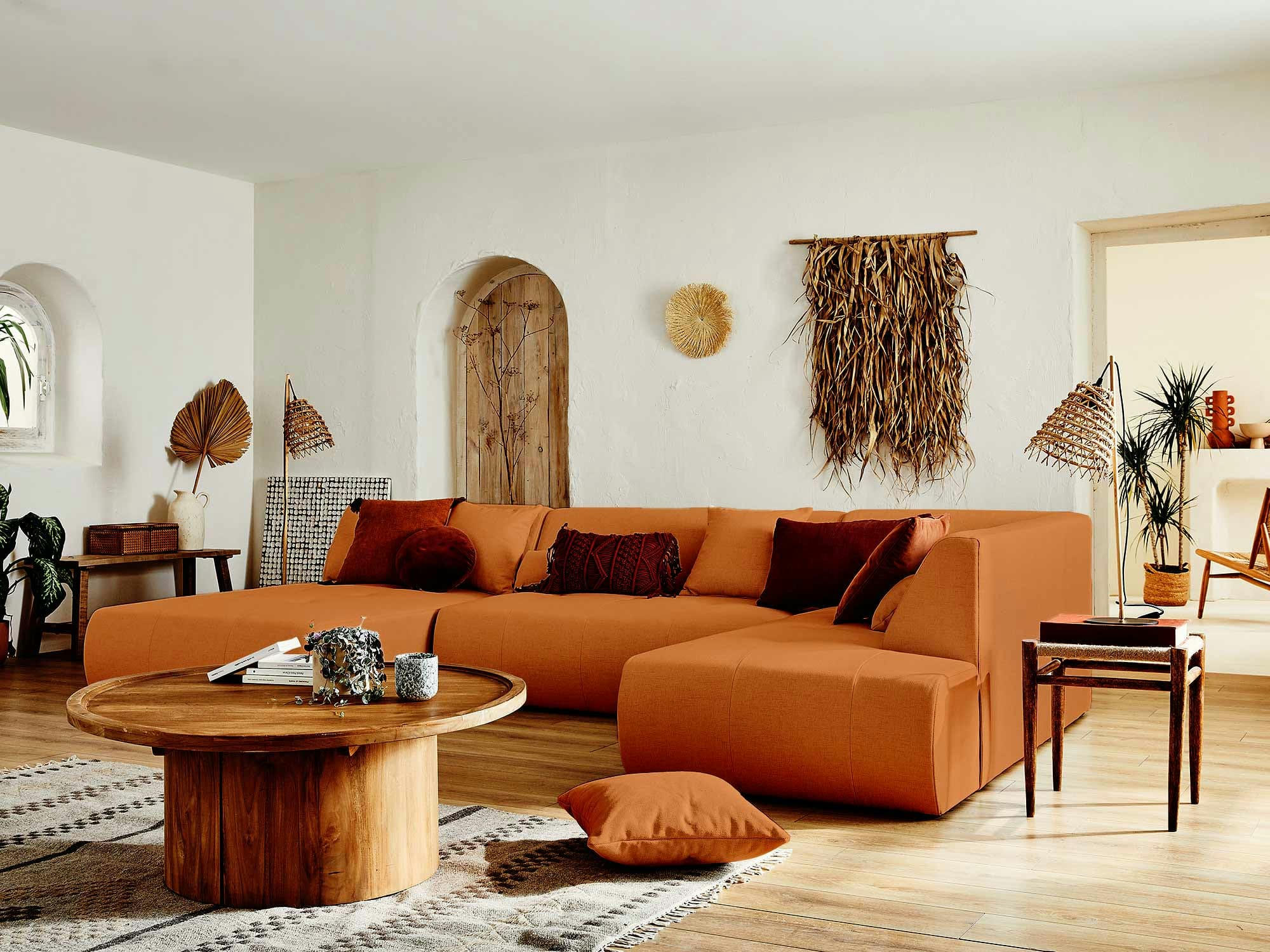 ONYX - Canapé modulable 7 places angle droit en tissu rouille