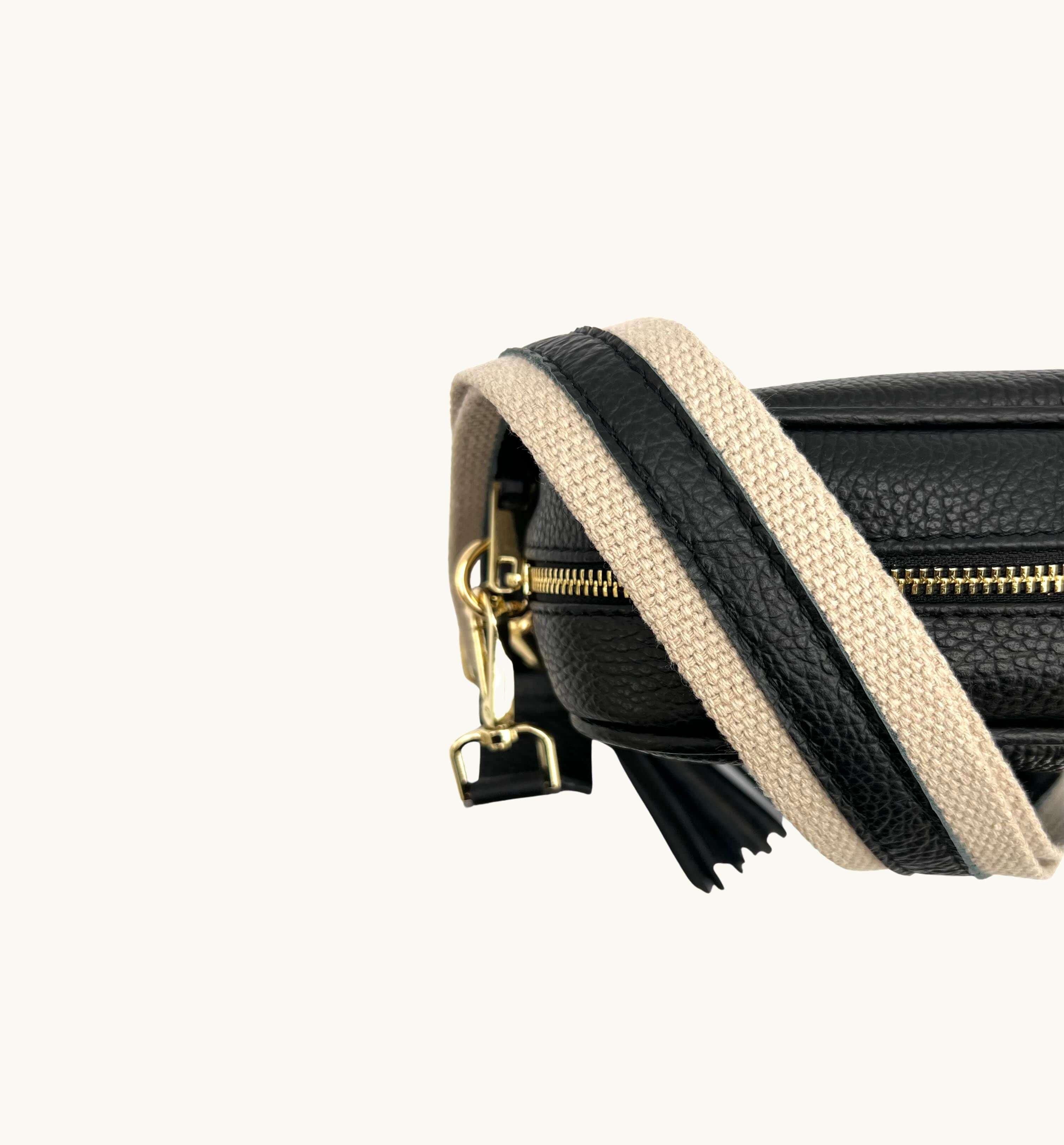 Apatchy London Black Leather Crossbody Bag With Leather & Canvas Strap