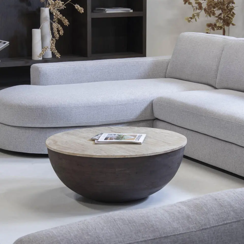 Salontafel Travertin - Donkerbruin Mangohout - 90x90x38cm - Aiden