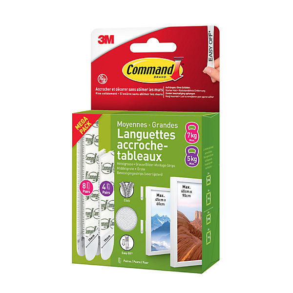 Assortiment languette adhésive accroche-tableaux moyennes/grandes 3M Command max 5/7kg