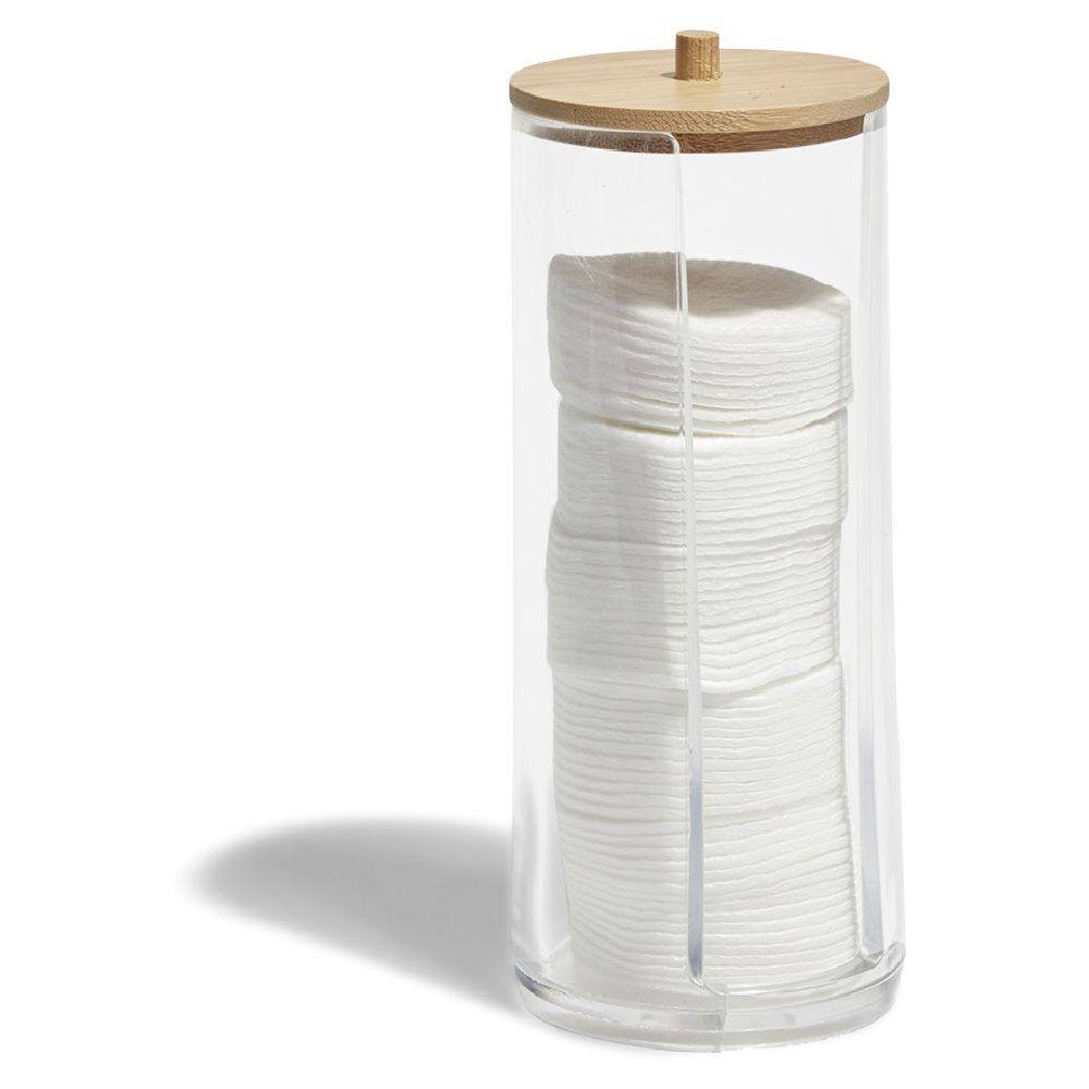 Rangement pour coton plastique transparent et bambou H20cm