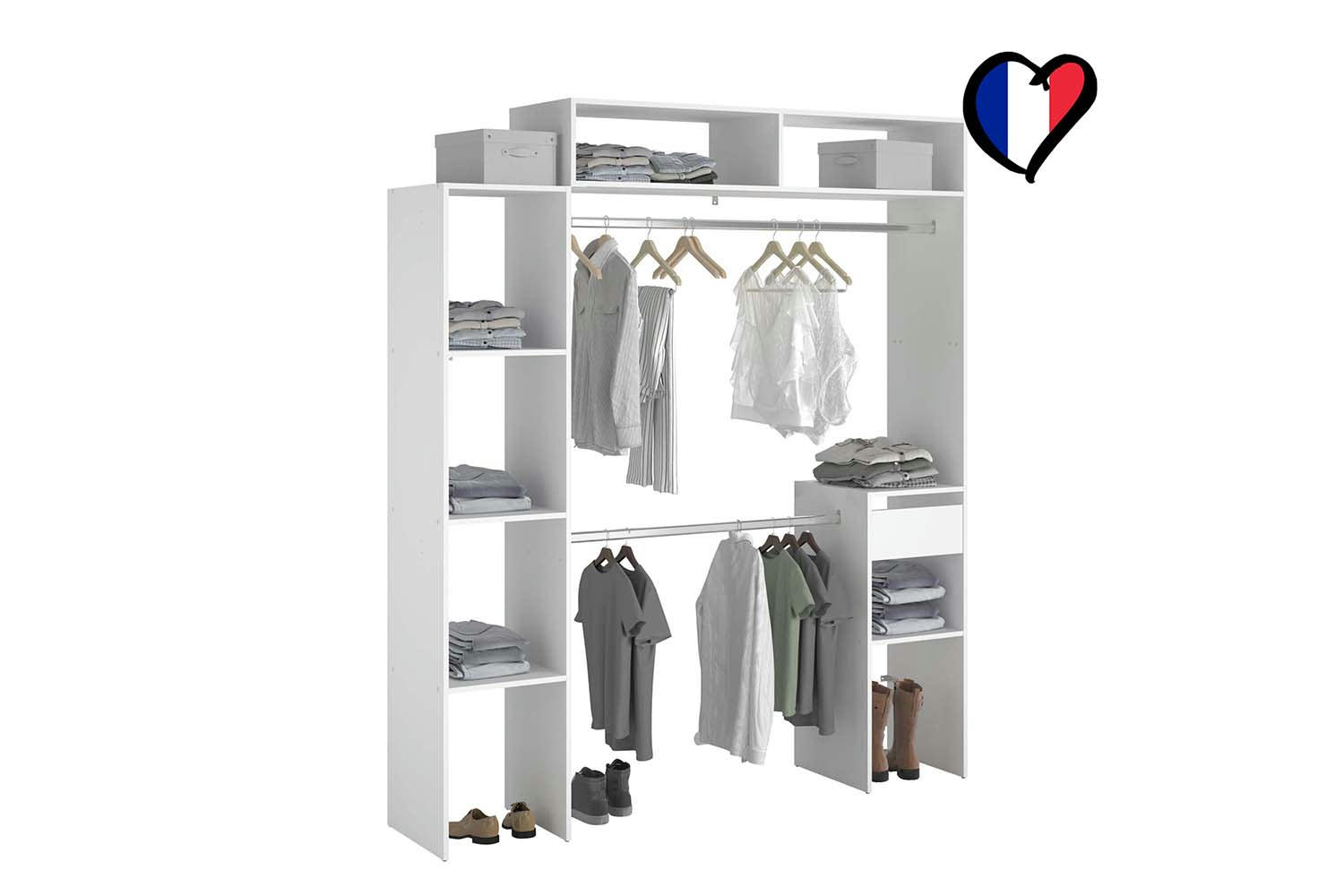 ELYSEE - Dressing blanc extensible avec 2 penderies, 4 étagères et 1 tiroir