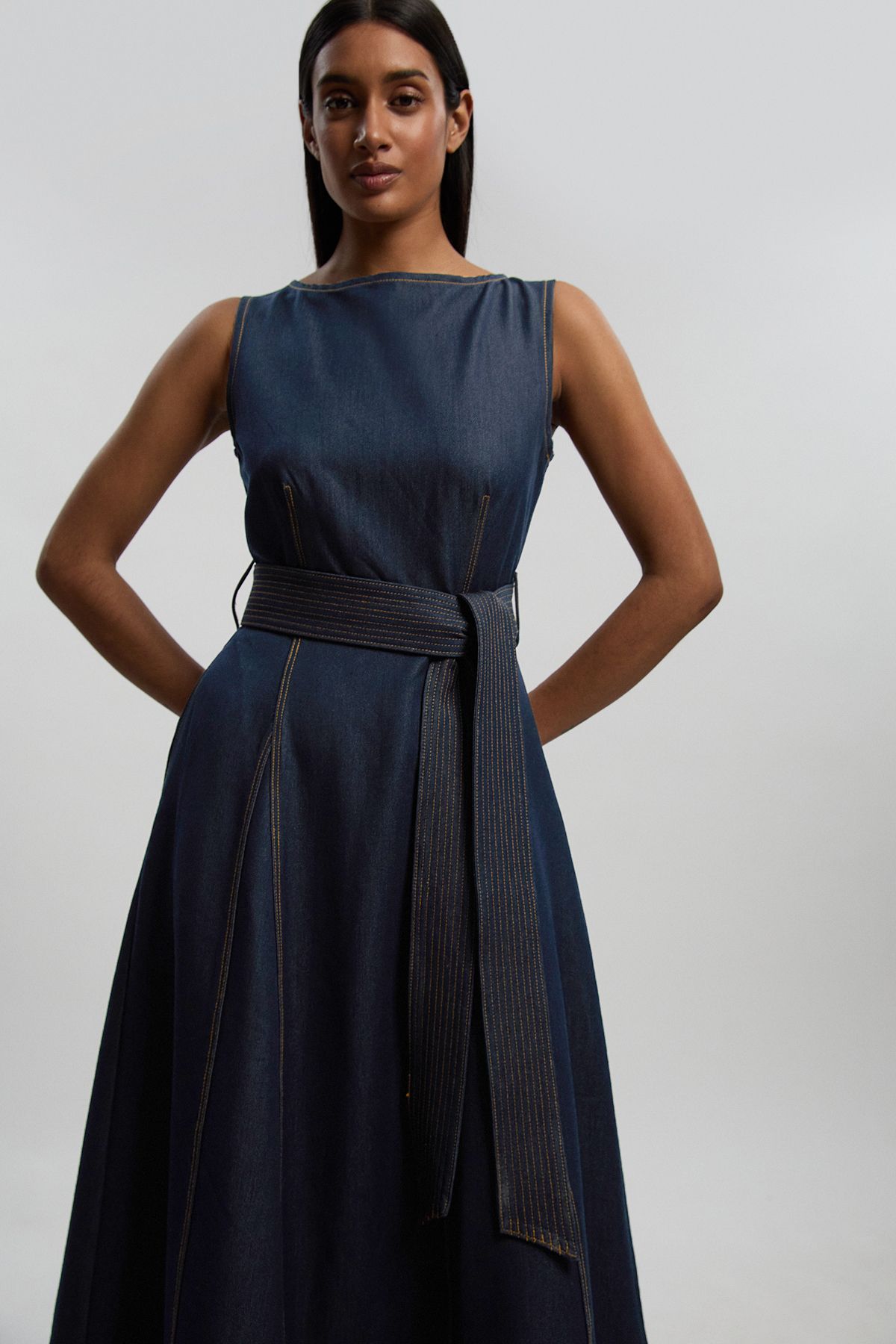 KarenMillen Denim Belted Full Skirt Tailored Dress