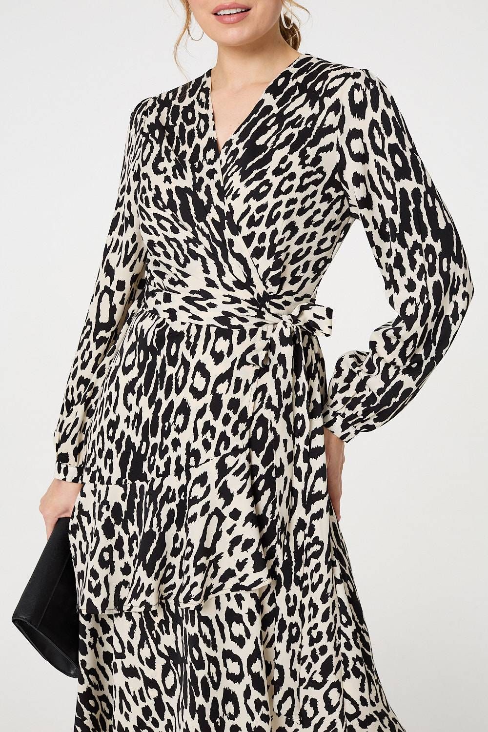 Izabel London Animal Print Ruffled Midi Wrap Dress
