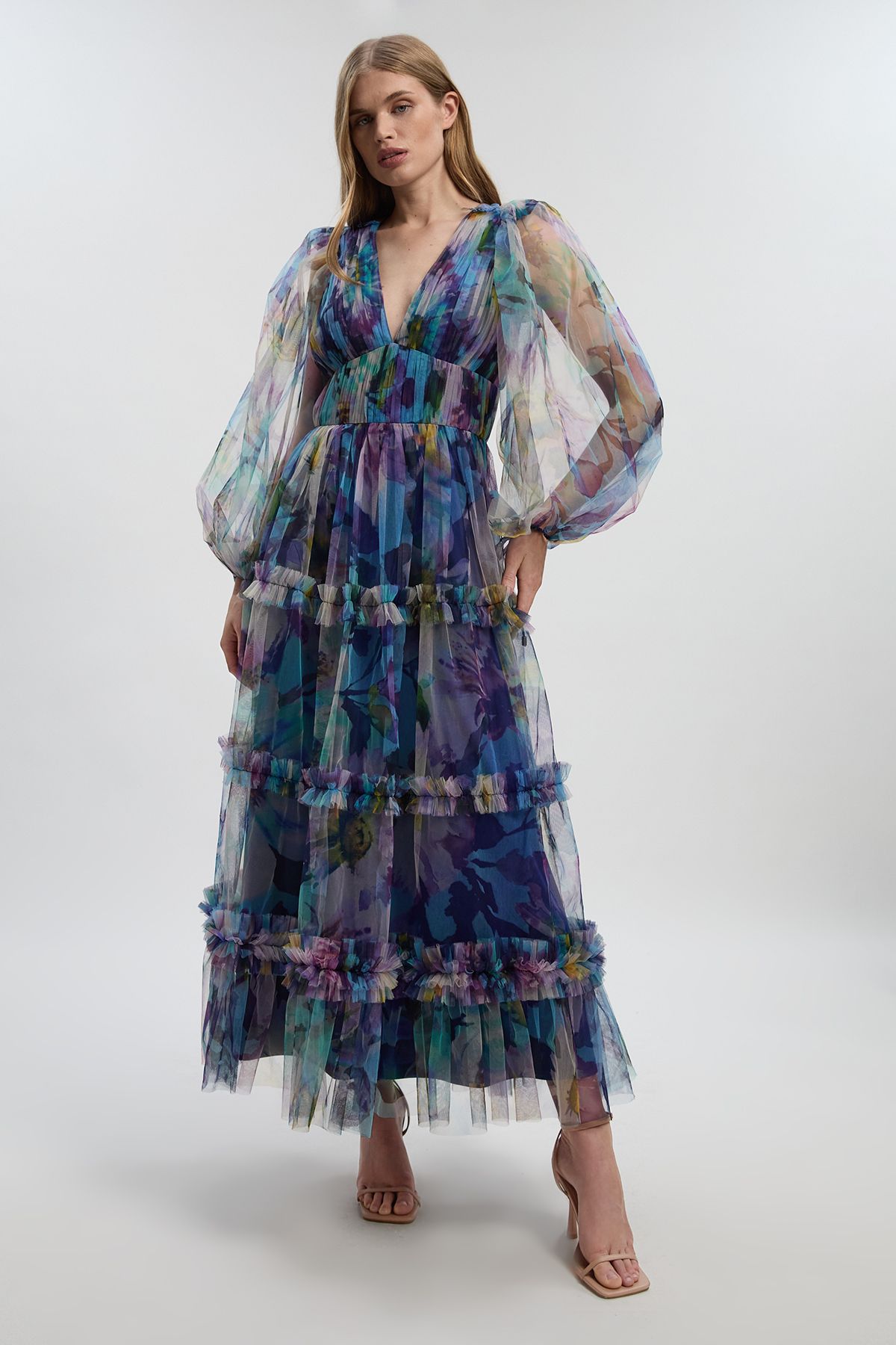 KarenMillen Dusky Floral Tulle Balloon Sleeve Plunge Woven Maxi Dress