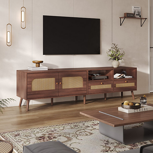 Meuble TV avec 2 Portes et 2 Tiroirs, Style Rétro Naturel en Rotin Tressé, Panneau de Particules, 200x37x49,5 cm - Brun