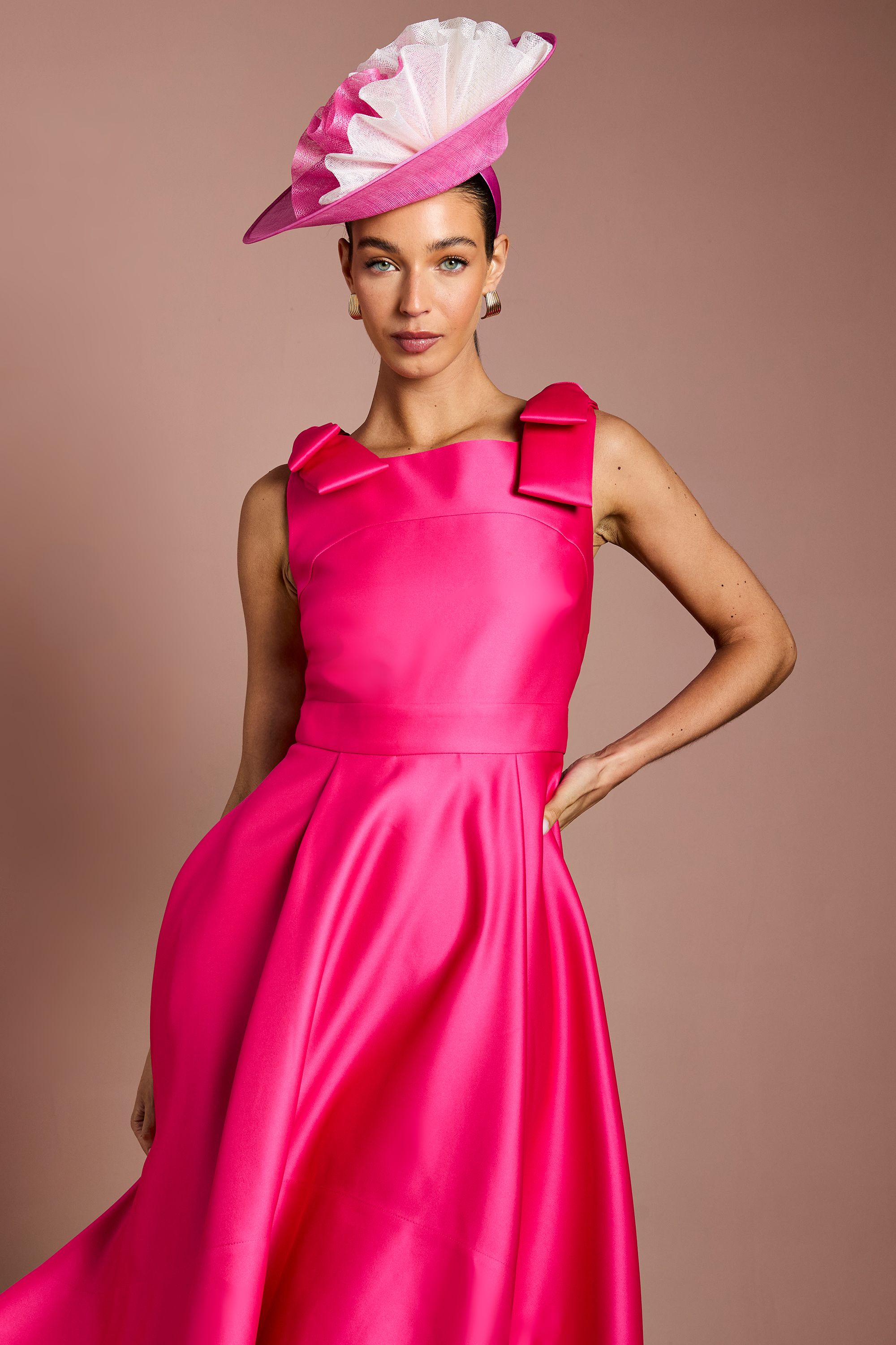 Coast Lisa Tan Bow Shoulder Satin Midi Dress
