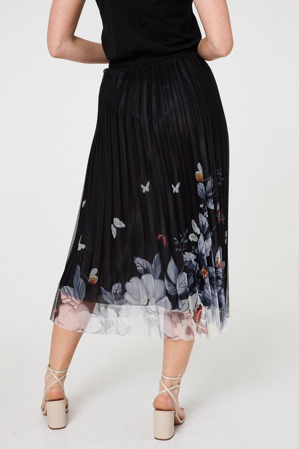 Izabel London Butterfly Print Pleated Mesh Midi Skirt