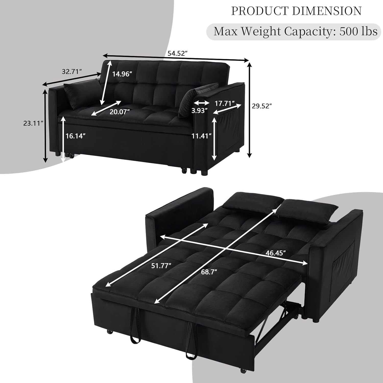 Convertible Sofa Bed,3 in 1 Pull Out Couch Adjustable Backrest, Modern Velvet Upholstery Sleeper Sofa Bed, Loveseat Couch for Living Room, Bedroom & Apartments (Black)