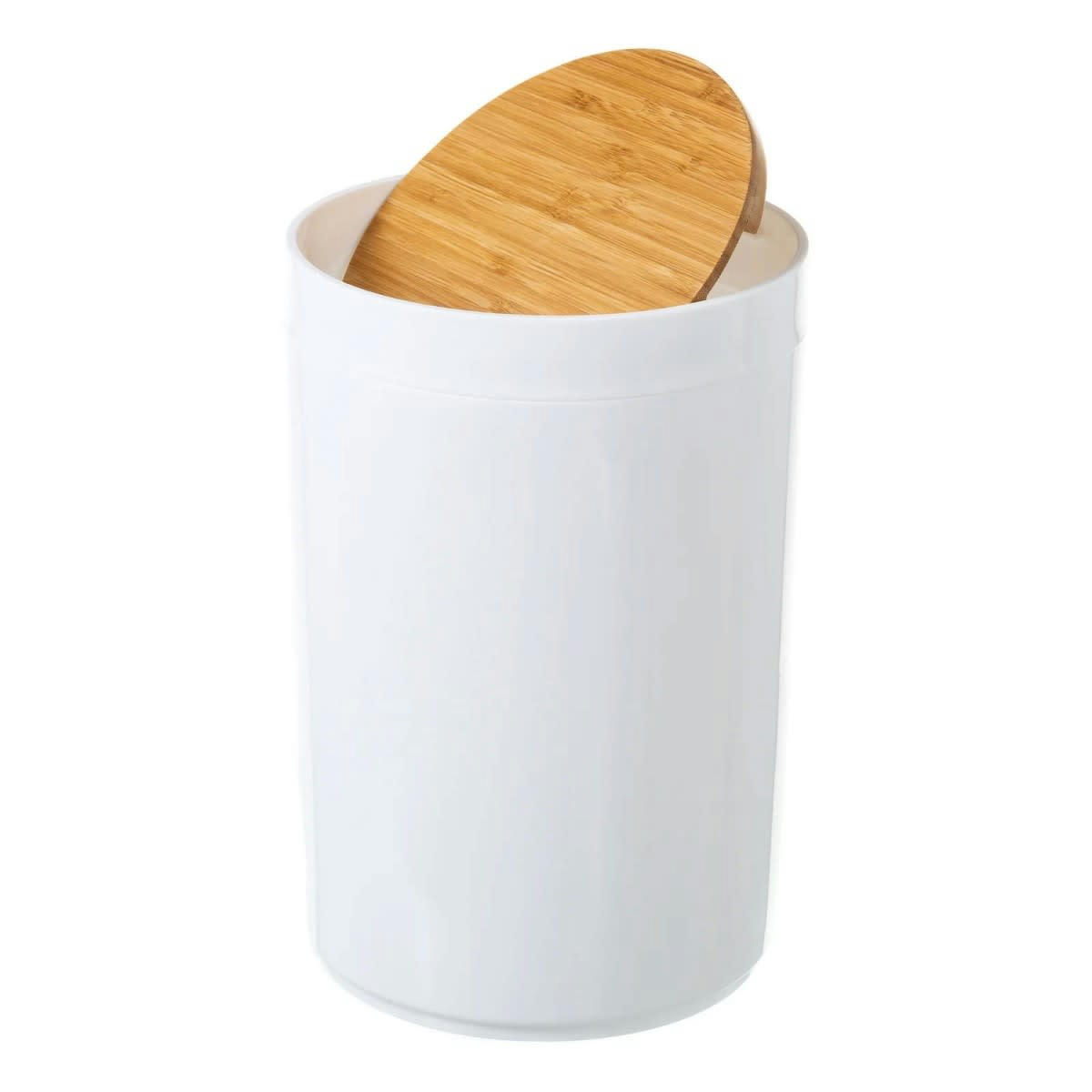 BAMBOU - Poubelle de salle de bain en plastique blanc et bambou 5L