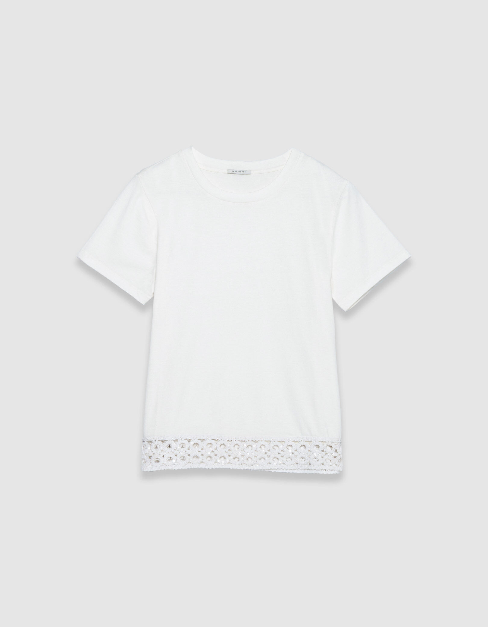 Tee-shirt col rond blanc détail crochet et sequins Femme