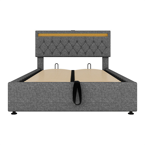 Lit adulte lit 140x200 cm lit rembourré lit de rangement avec lumière ambiante lit double lin gris