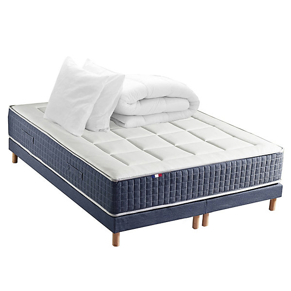 Pack matelas 7 zones sommier bleu couette oreillers 180x200