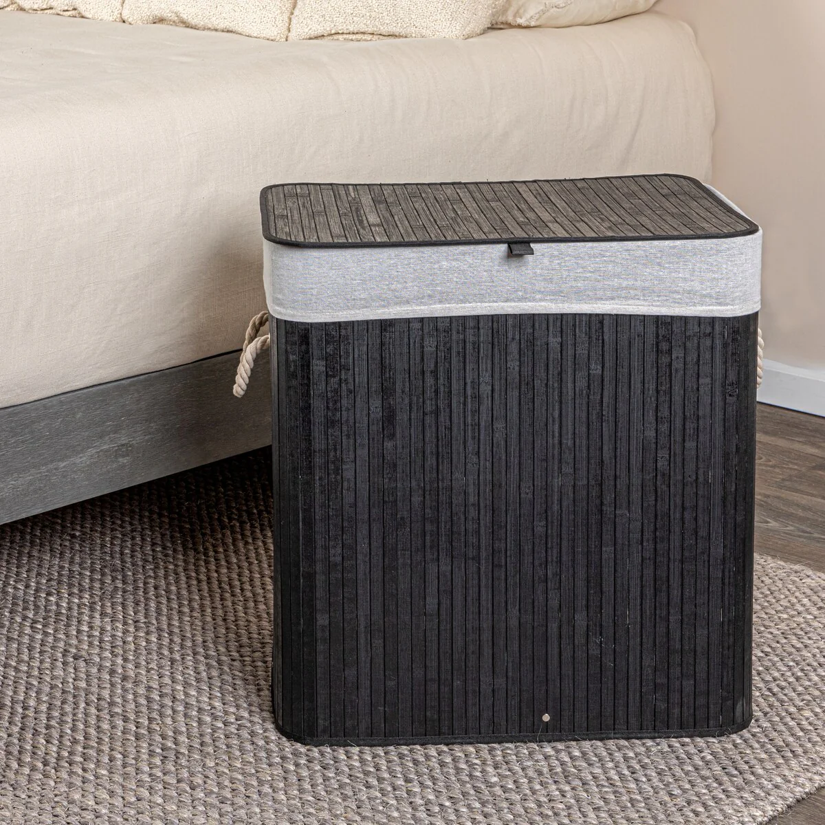 Household Essentials Bamboo Double Laundry Hamper with Rope Handles and Removable Laundry Bag