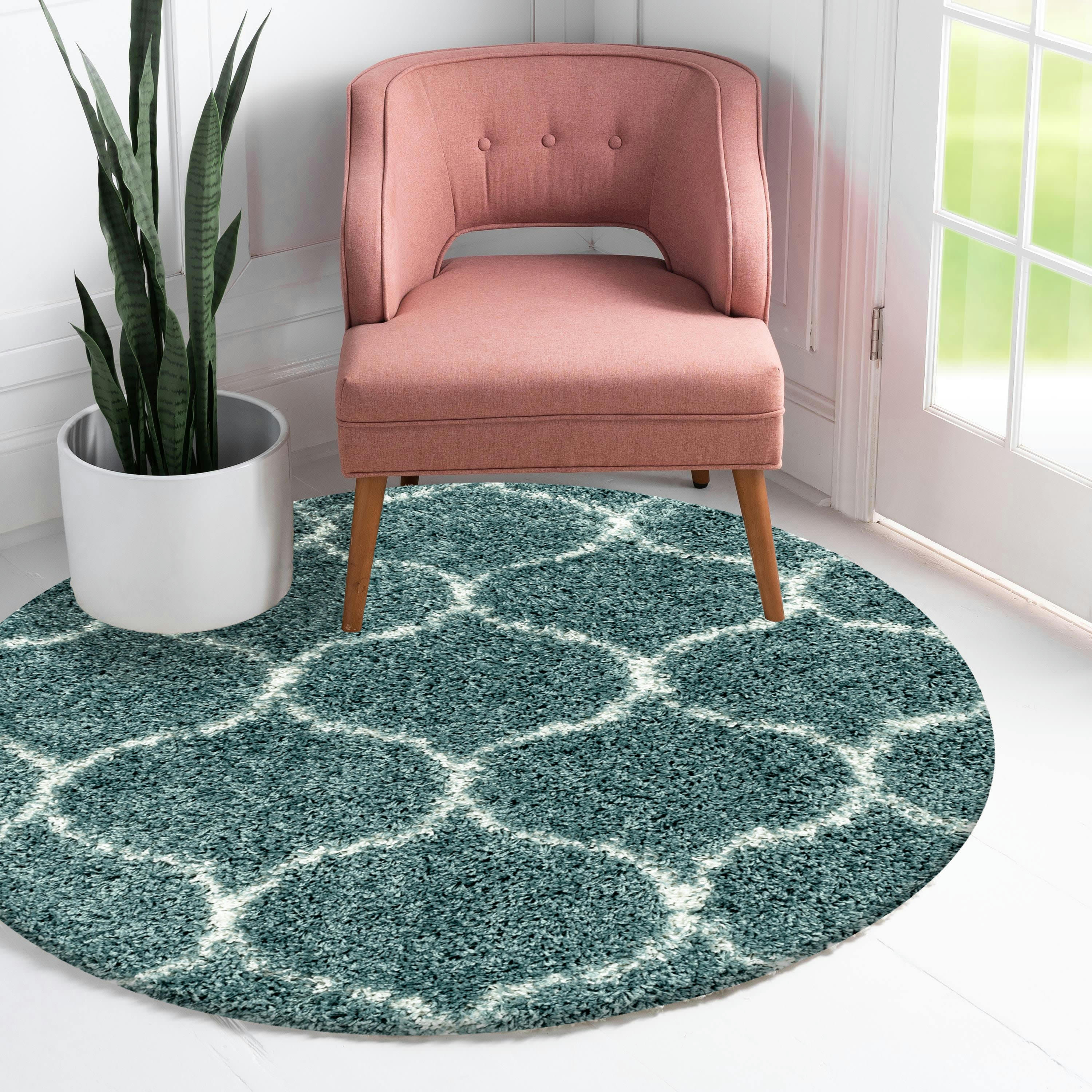 SALMA - Tapis rond à poils longs et motifs alhambra turquoise 160x160cm