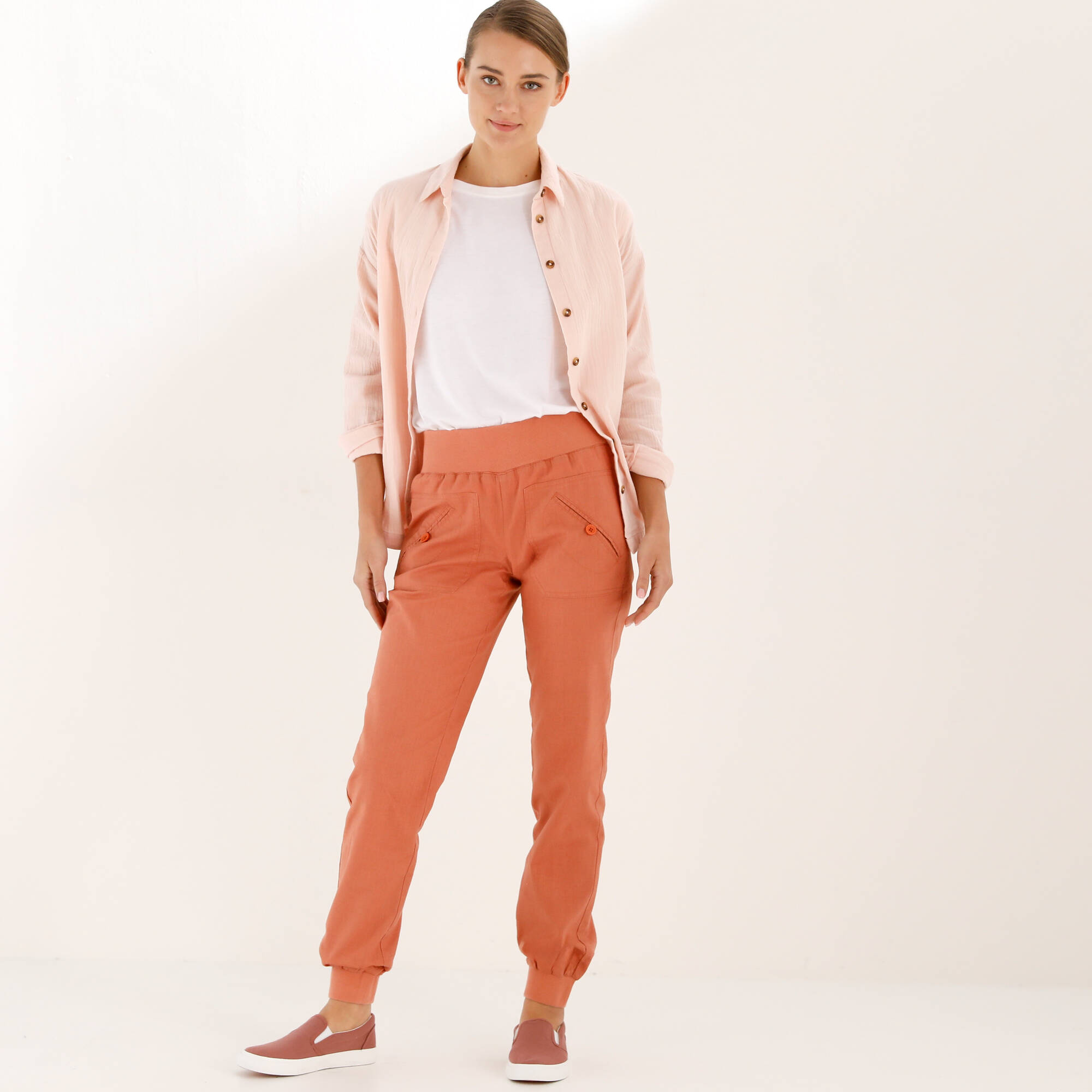 Pantalon blousant taille élastiquée, lin coton