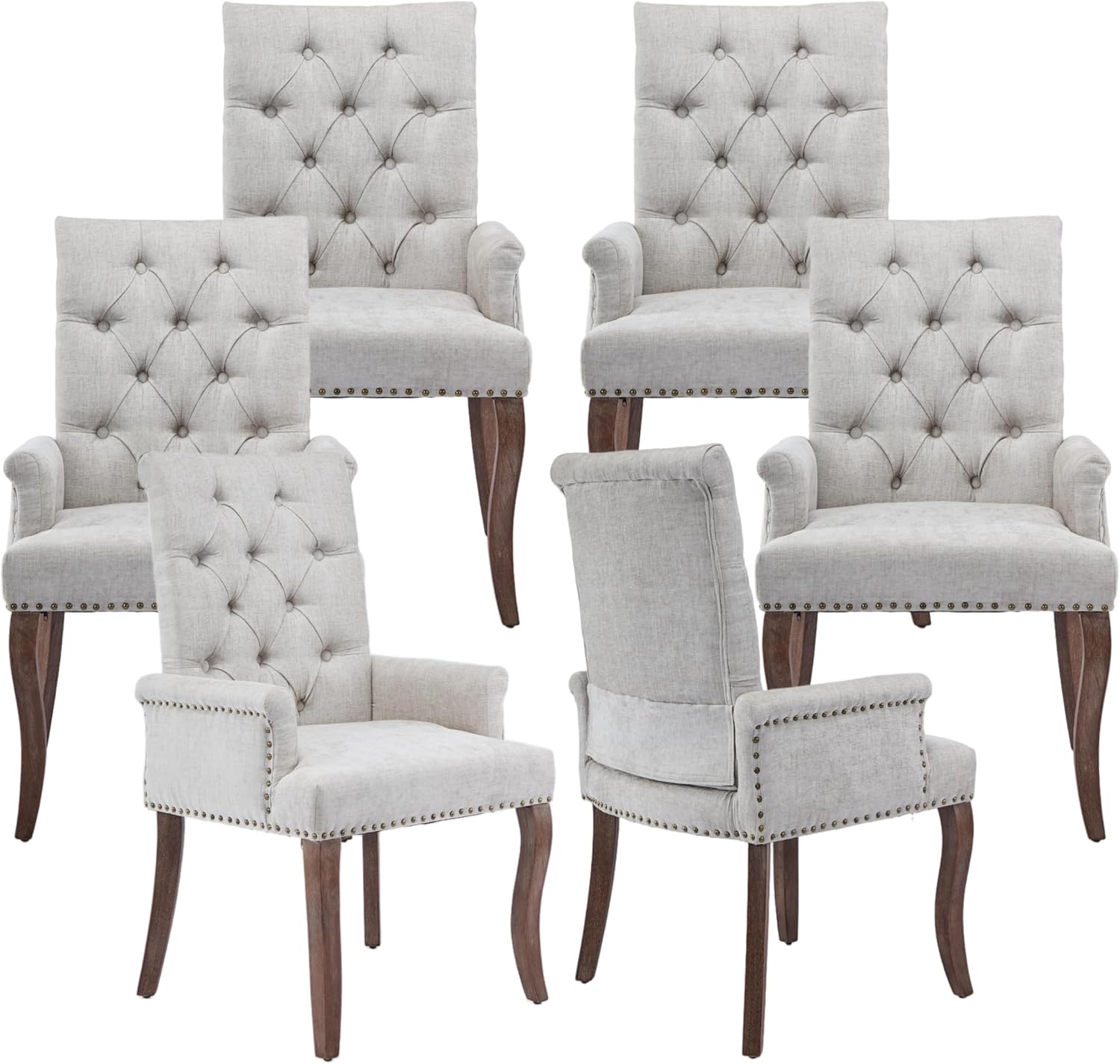 Upholstered Tufted Chenille Dining Chairs with Arms & Nailhead Trim – Solid Wood Frame & Legs, Modern Farmhouse for Dining, Kitchen & Living Room (Set of 6, Beige)