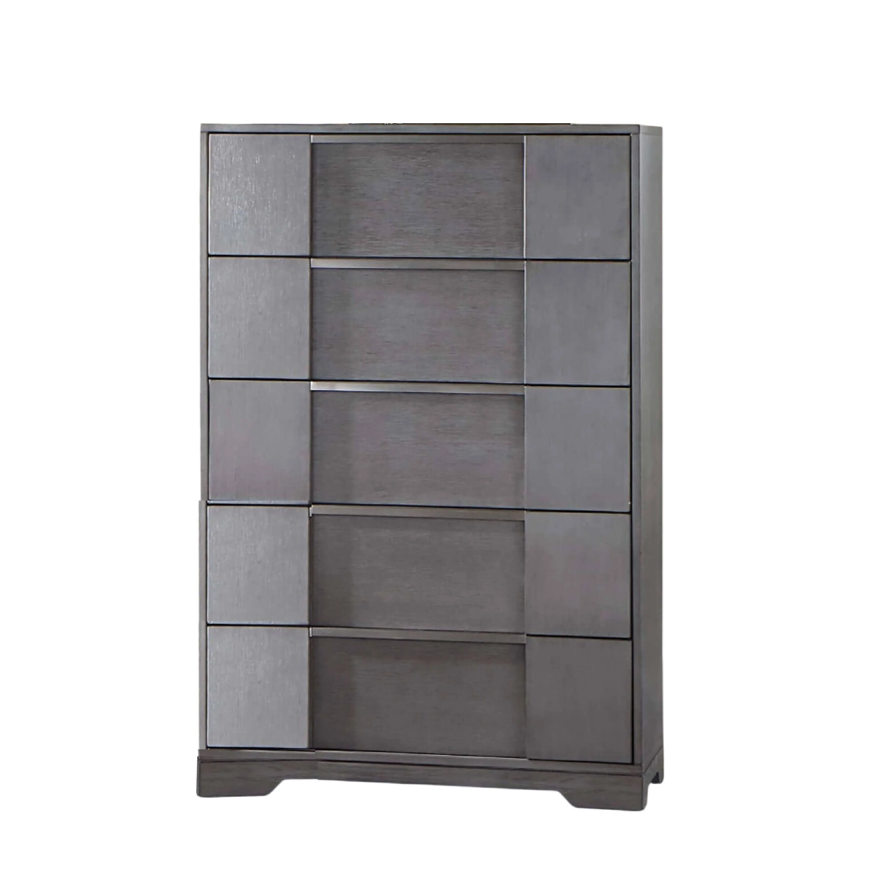 Levice Tall Dresser Chest, 5 Drawers, Nickel Finger Handles, Gray Wood